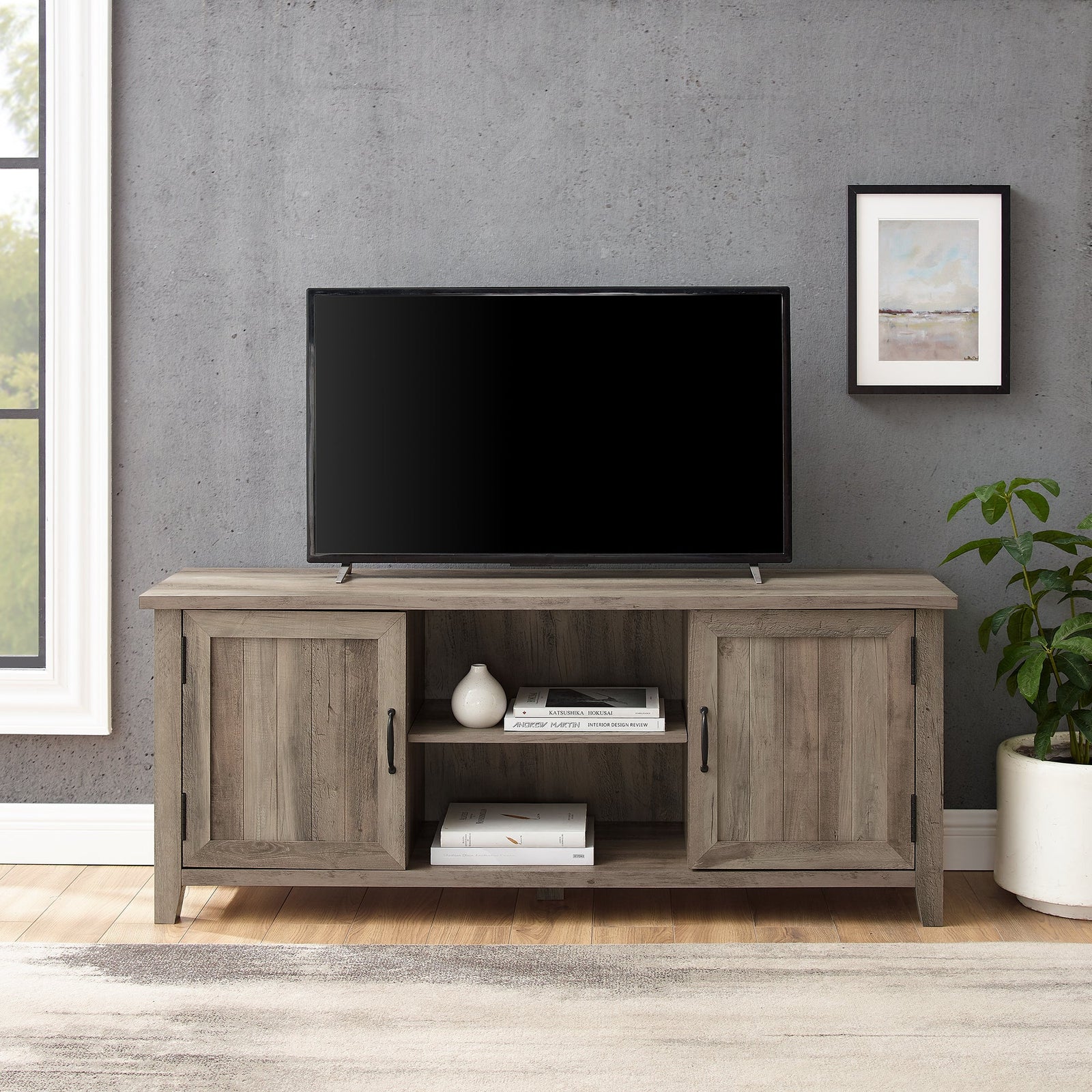 Mueble de TV de 2 puertas con ranuras moderno de 58