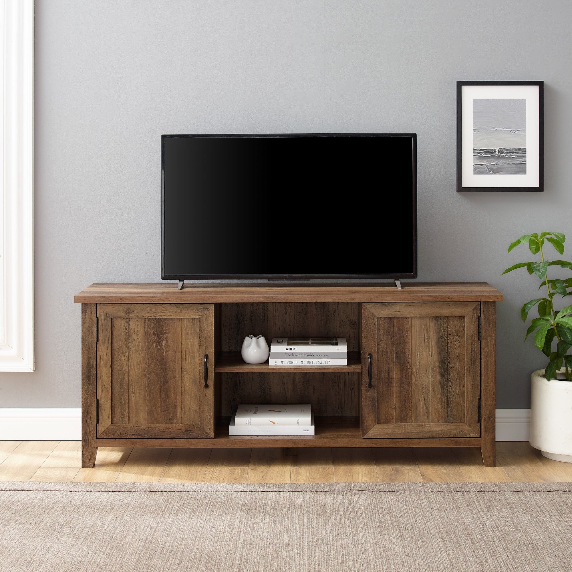 Mueble de TV de 2 puertas con ranuras moderno de 58" de estilo rústico