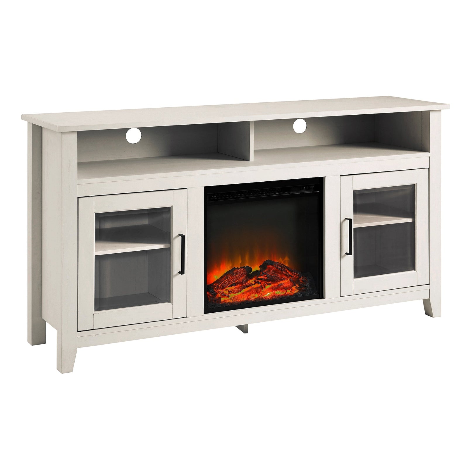 Mueble de TV de madera y vidrio con chimenea de estilo transicional de 58