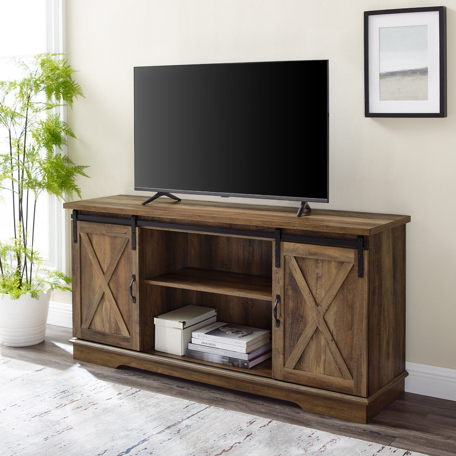 Soporte para TV con puerta corrediza de granero de 58