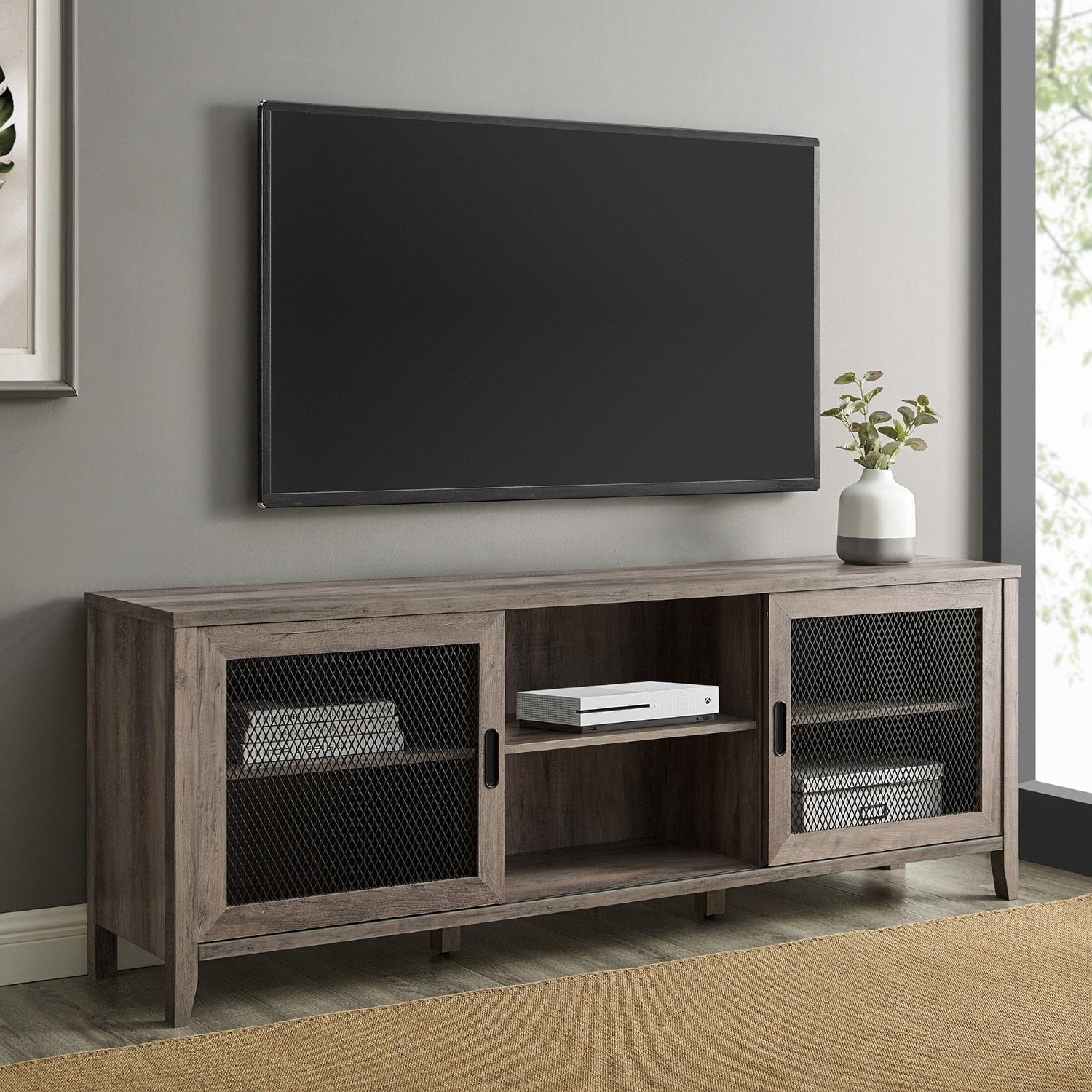 Mueble de TV industrial Arthur con puerta corrediza de malla