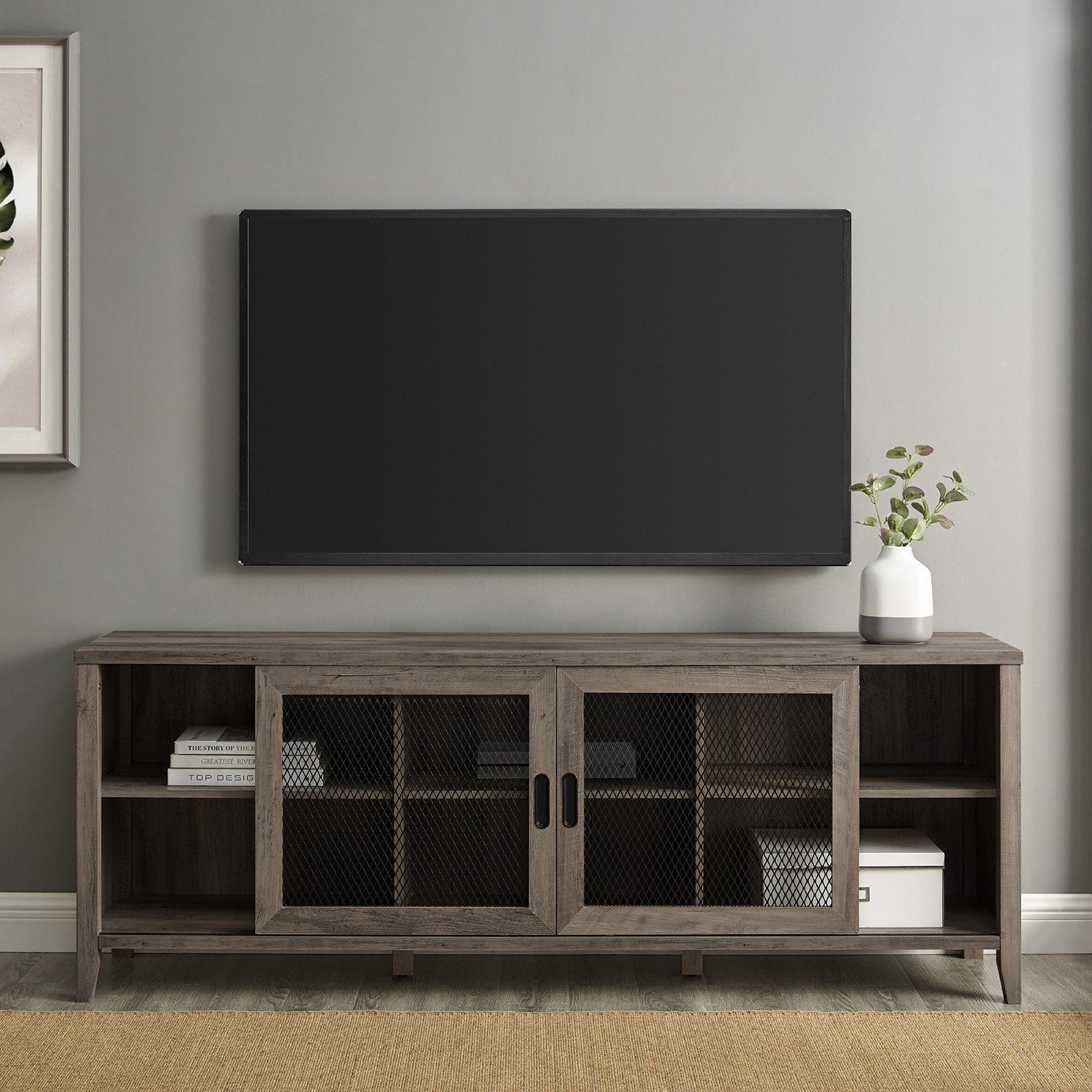 Mueble de TV industrial Arthur con puerta corrediza de malla