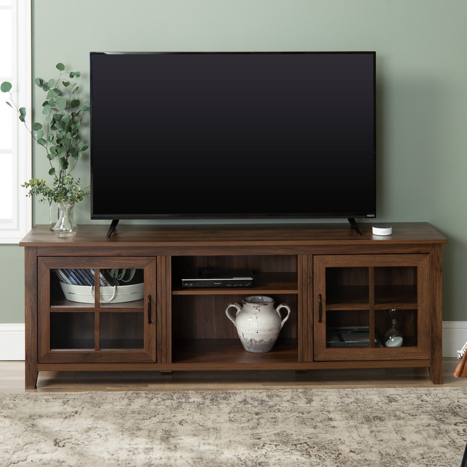 Mueble de TV de madera con dos puertas y ventana de 70