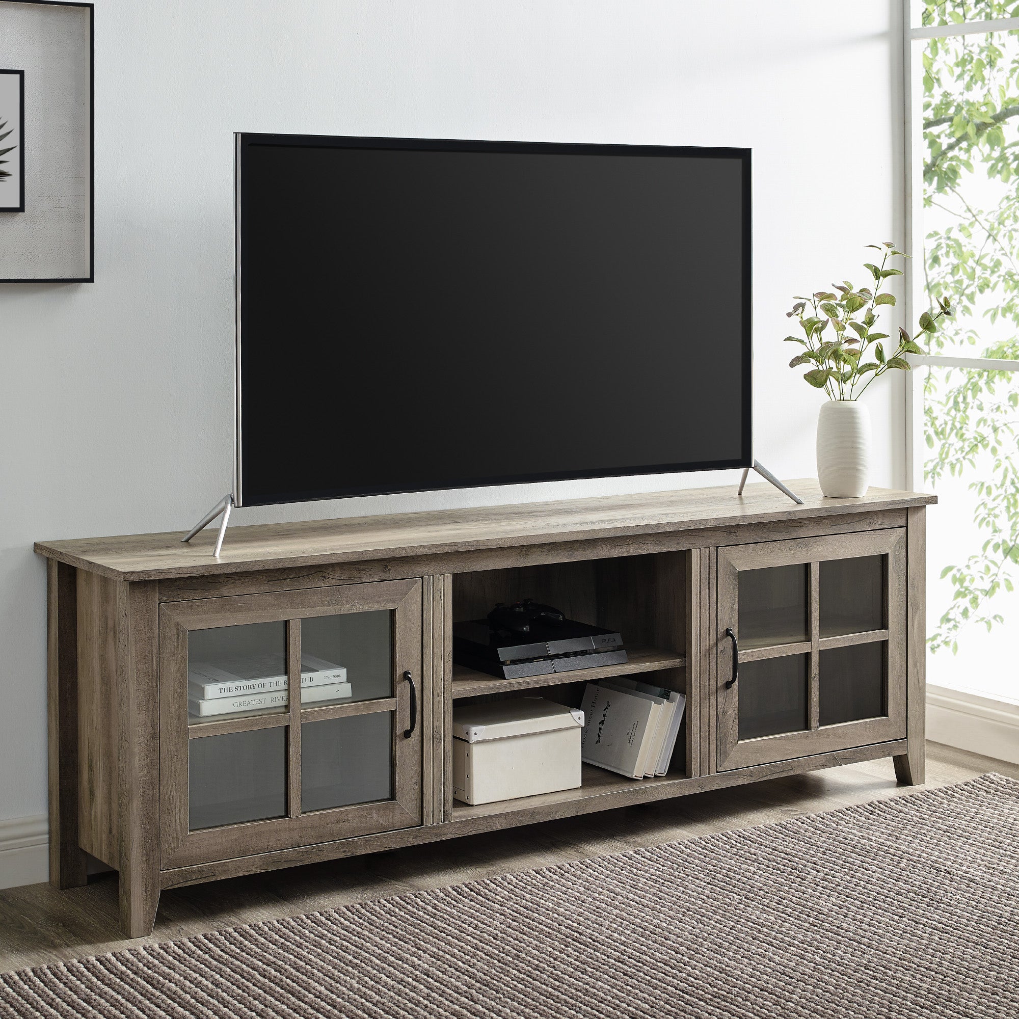 Mueble de TV de madera con dos puertas y ventana de 70" de estilo rústico