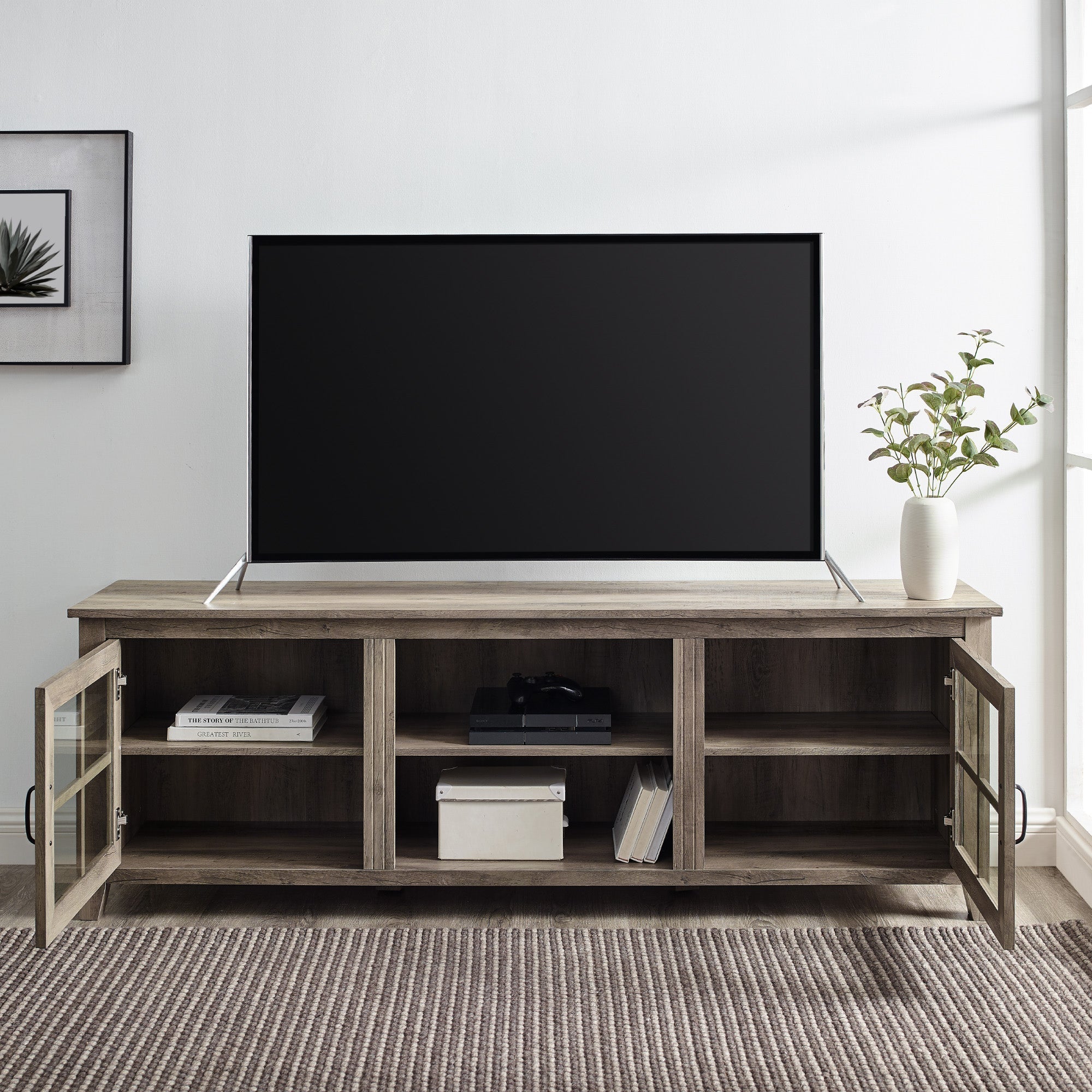 Mueble de TV de madera con dos puertas y ventana de 70" de estilo rústico