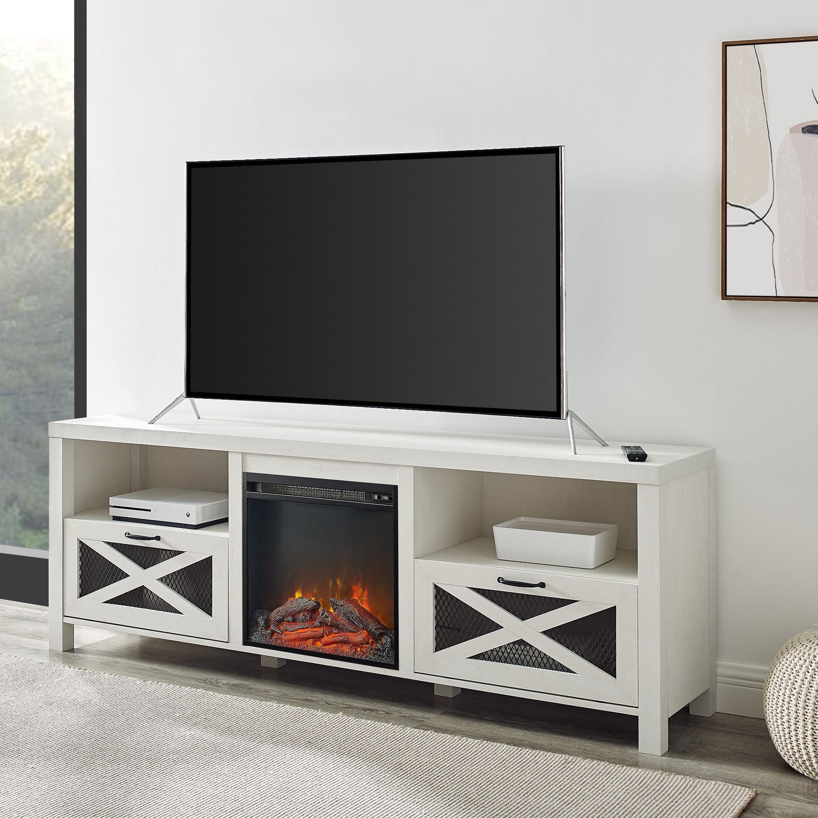 Mueble de TV con chimenea rústica de 70