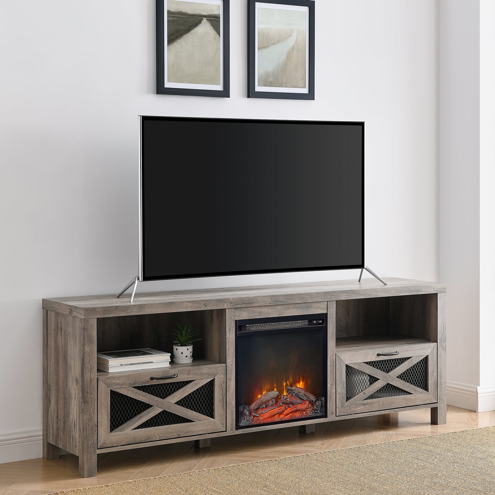 Mueble de TV con chimenea rústica de 70