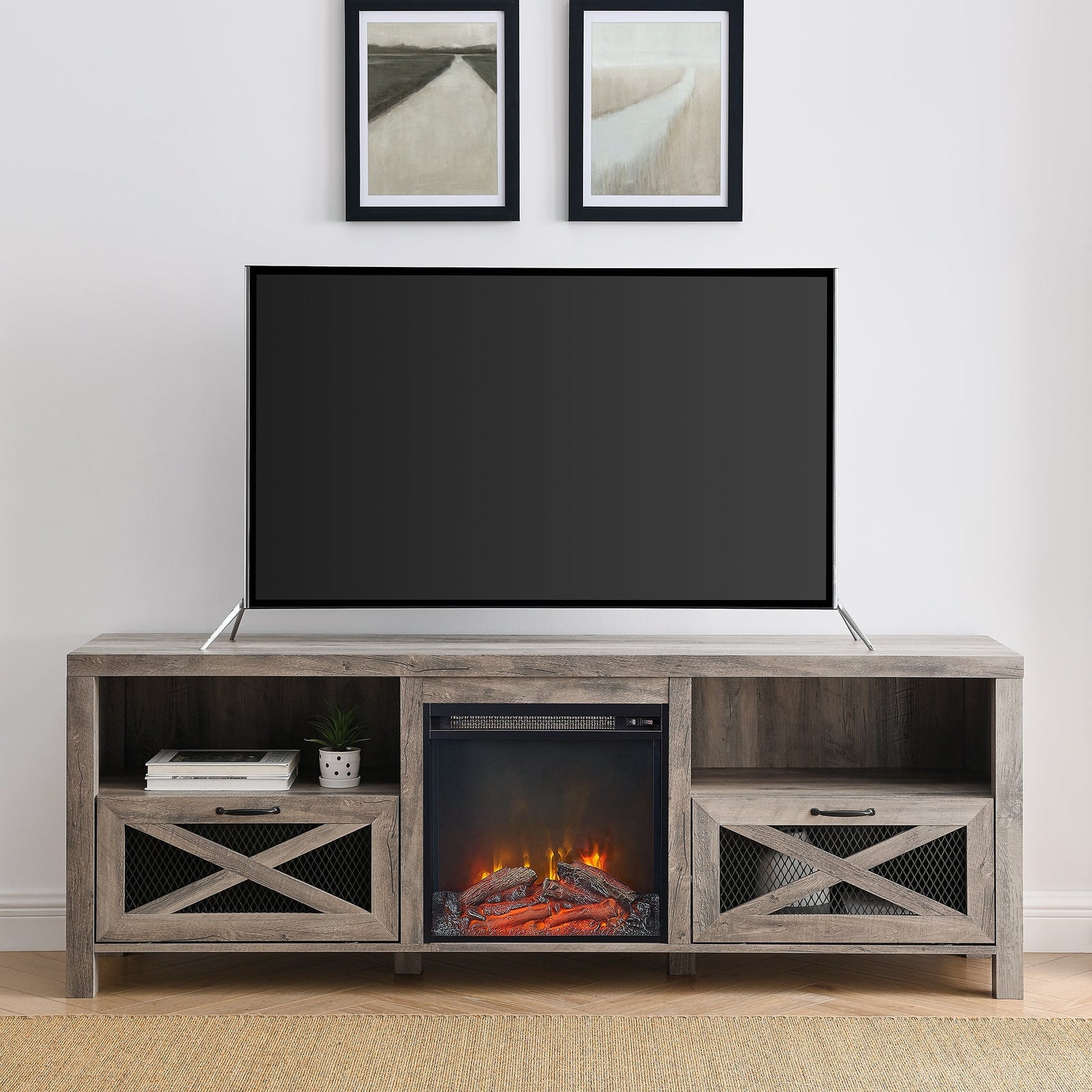 Mueble de TV con chimenea rústica de 70