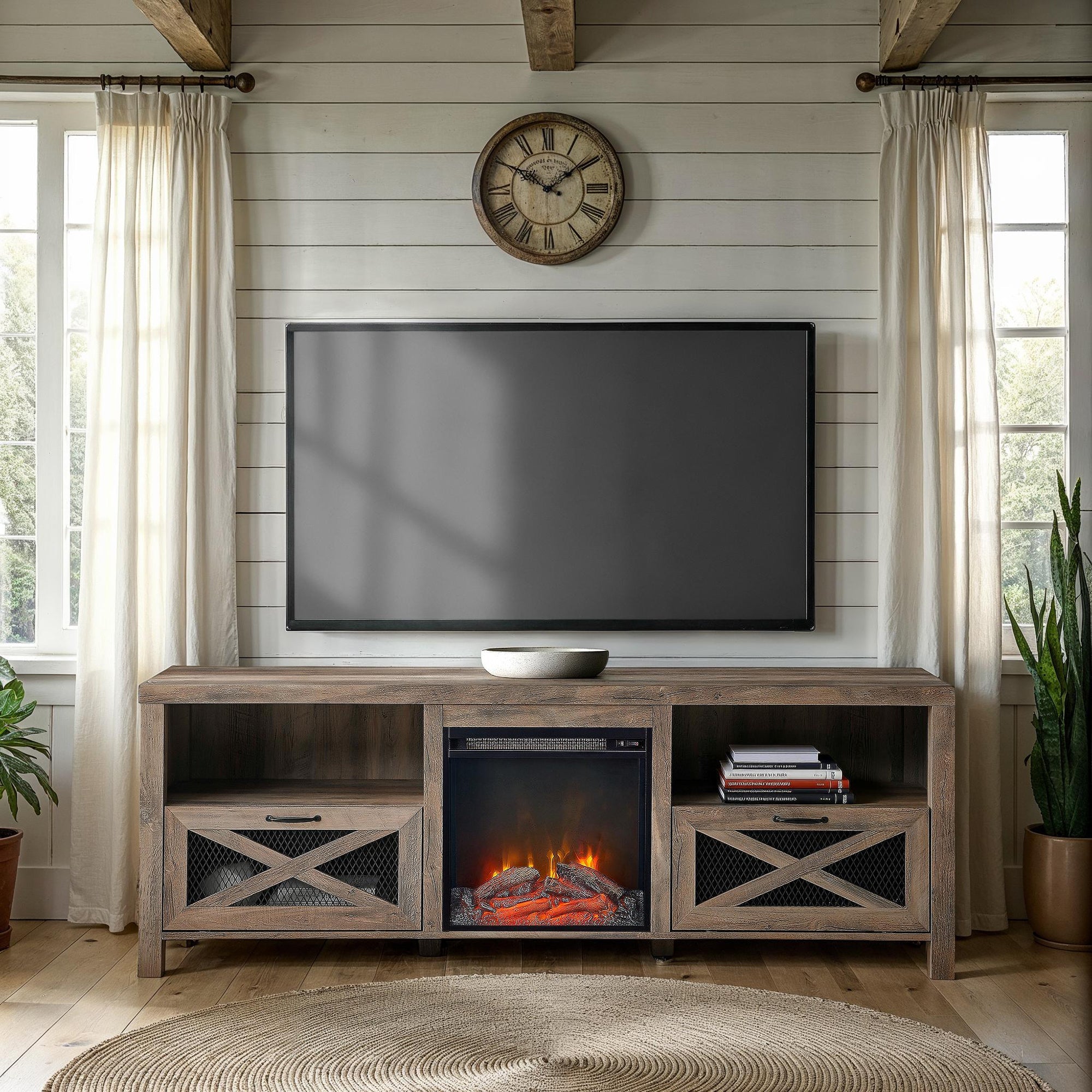 Mueble de TV con chimenea rústica de 70" de Farmhouse Abilene