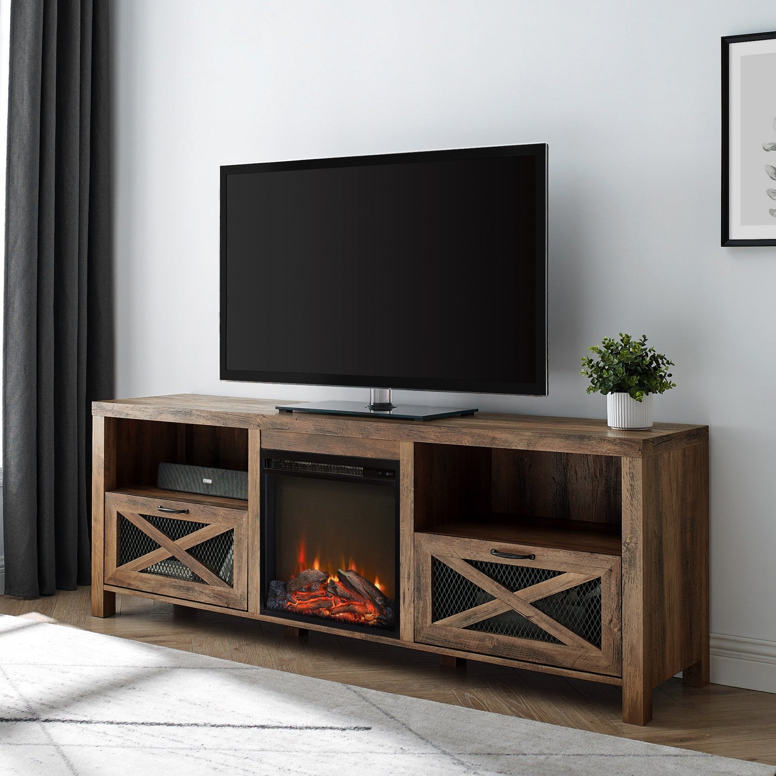 Mueble de TV con chimenea rústica de 70