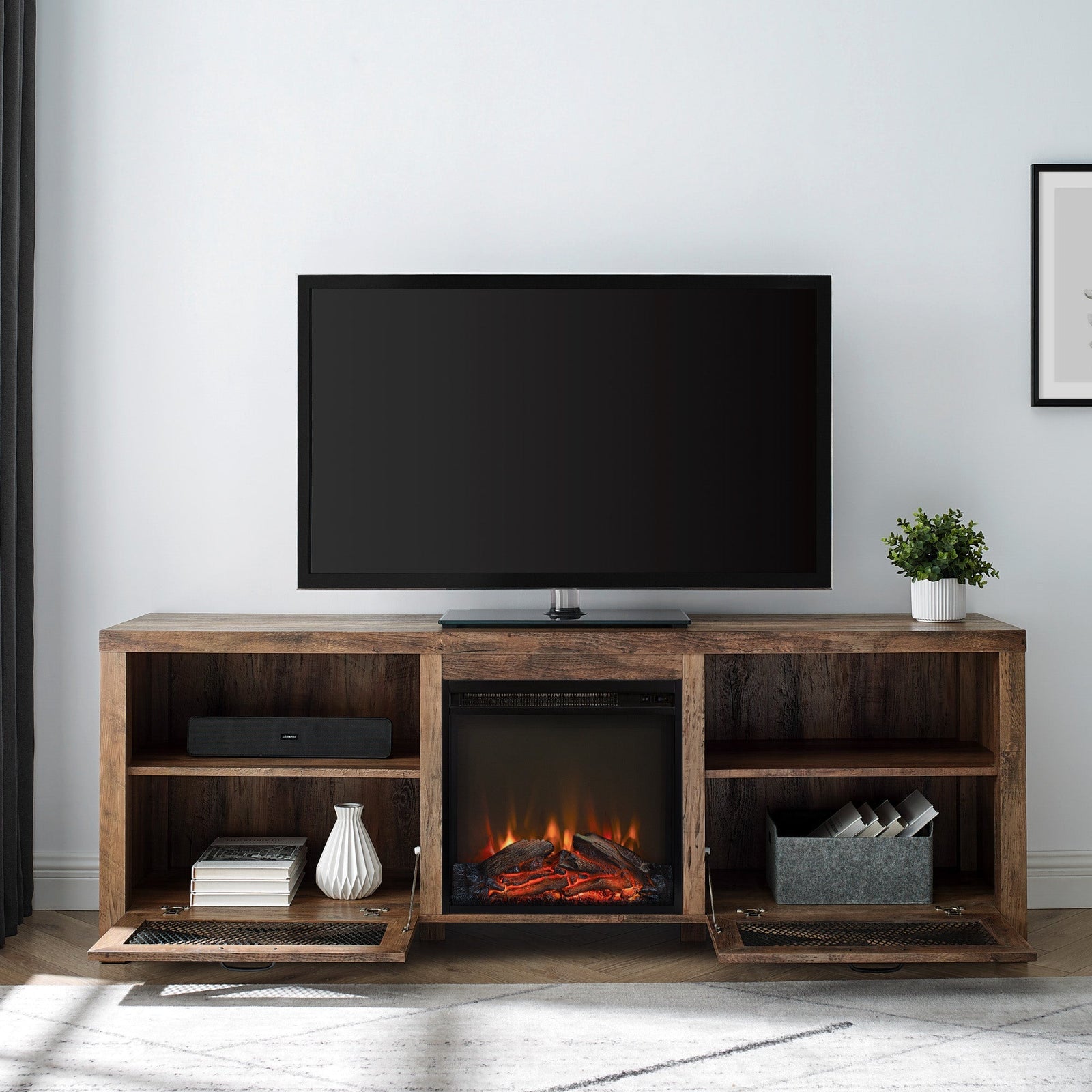 Mueble de TV con chimenea rústica de 70
