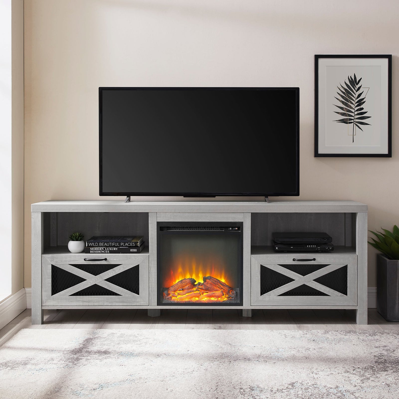Mueble de TV con chimenea rústica de 70