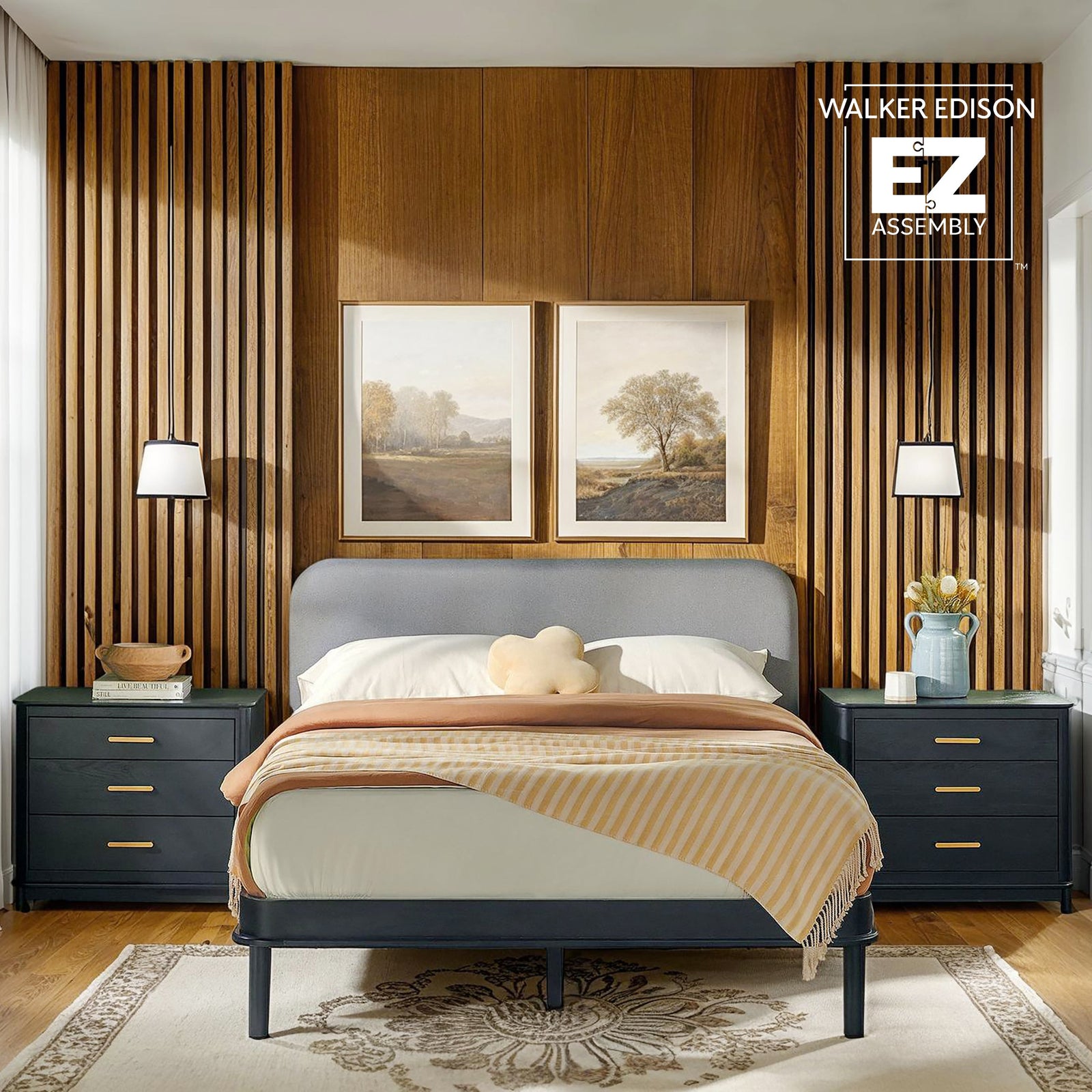 Cabecero tapizado contemporáneo Annette con estructura de cama de madera curva