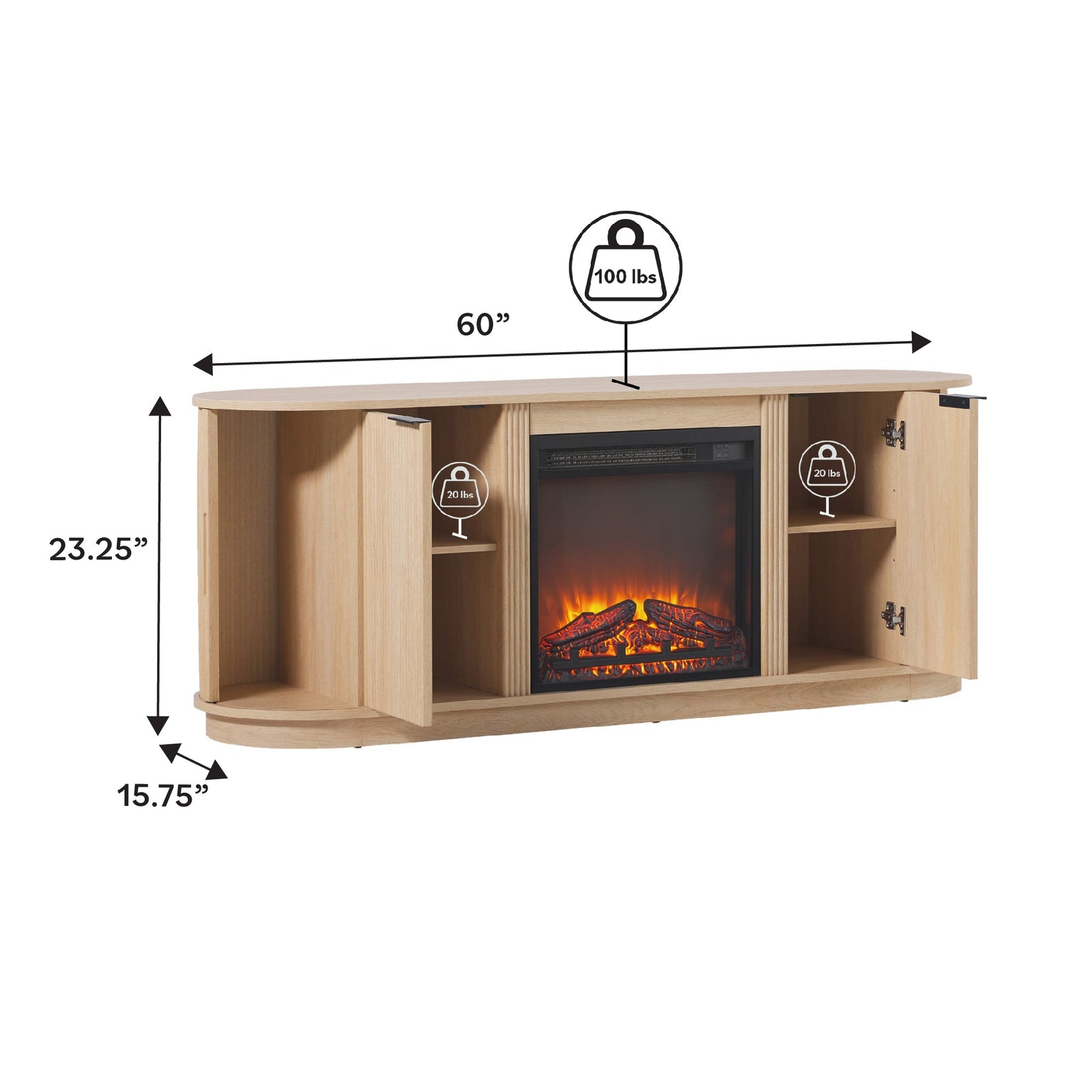 Mueble de TV con chimenea de caña escandinava moderna Chloe en 2 tamaños