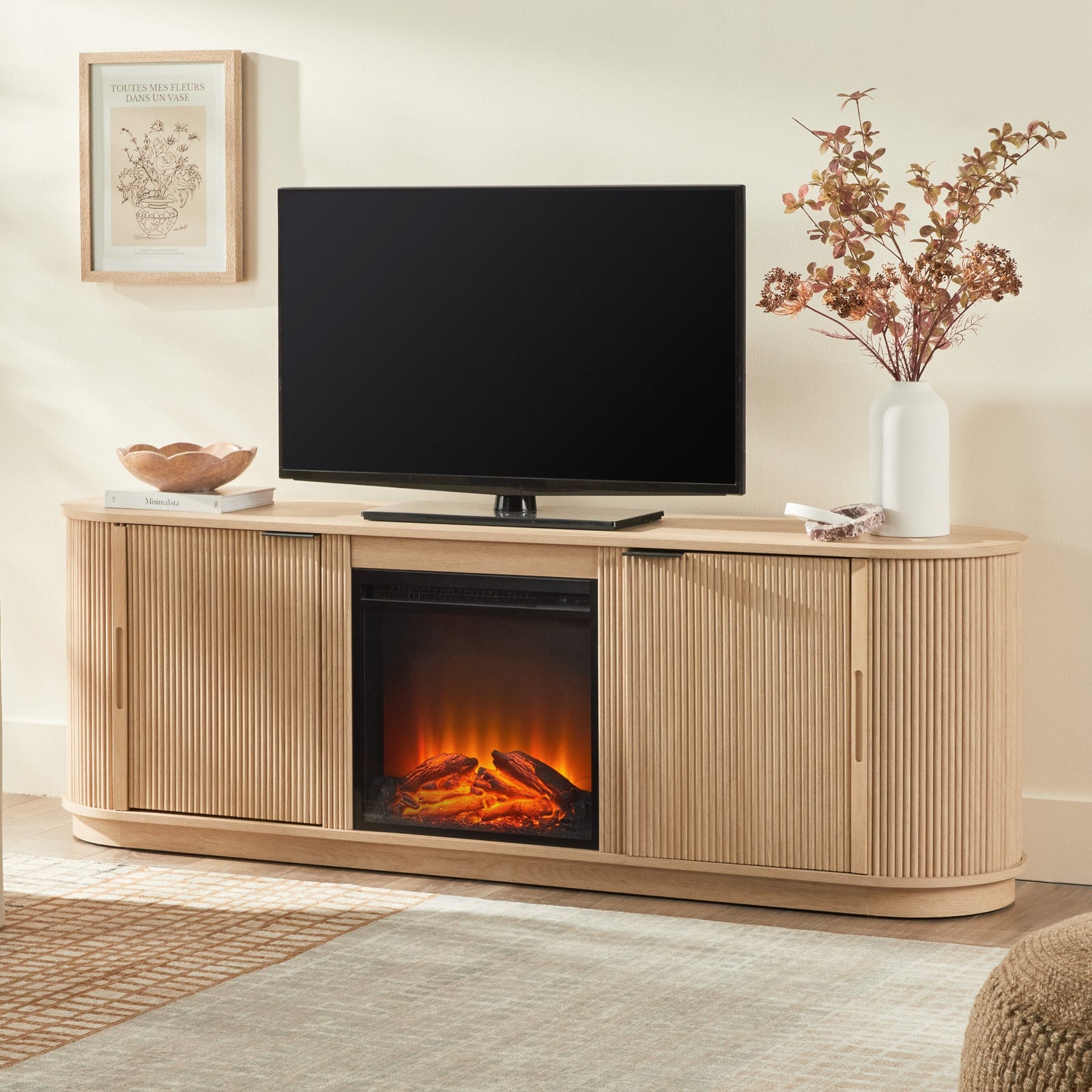 Mueble de TV con chimenea de caña escandinava moderna Chloe en 2 tamaños