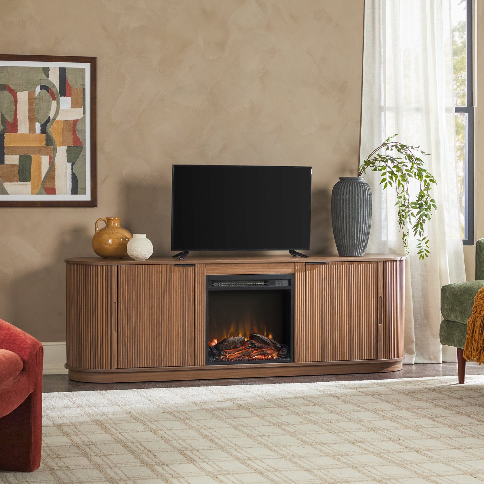 Mueble de TV con chimenea de caña escandinava moderna Chloe en 2 tamaños