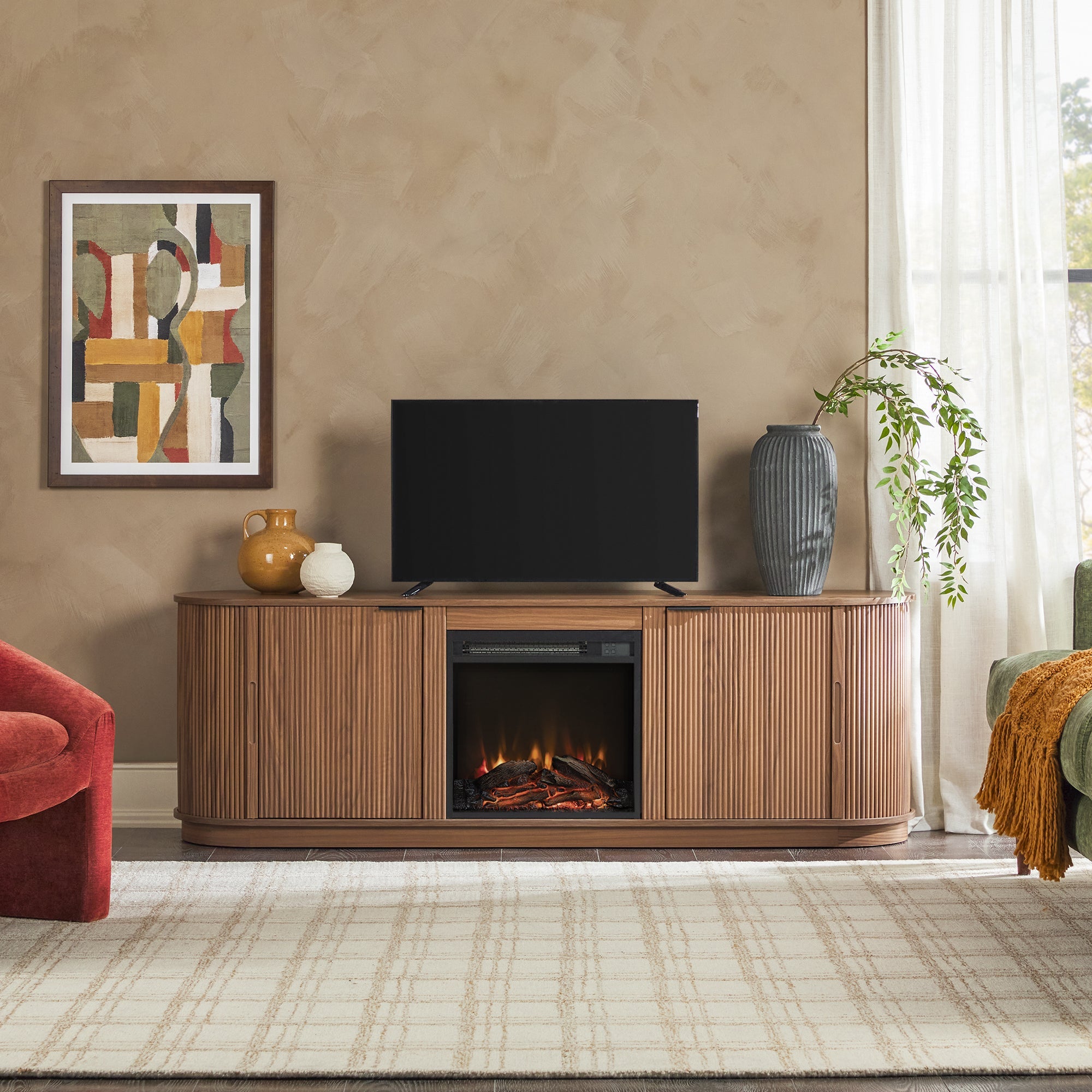 Mueble de TV con chimenea de caña escandinava moderna Chloe en 2 tamaños