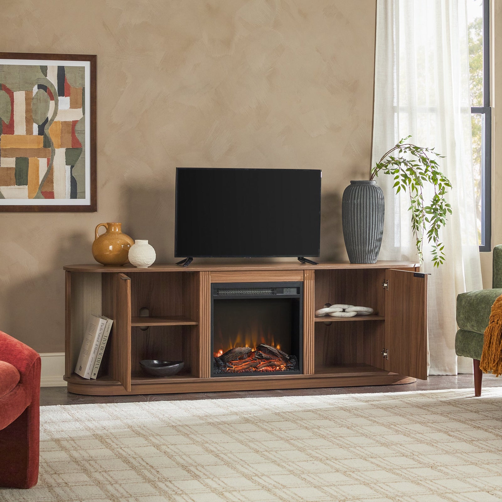 Mueble de TV con chimenea de caña escandinava moderna Chloe en 2 tamaños