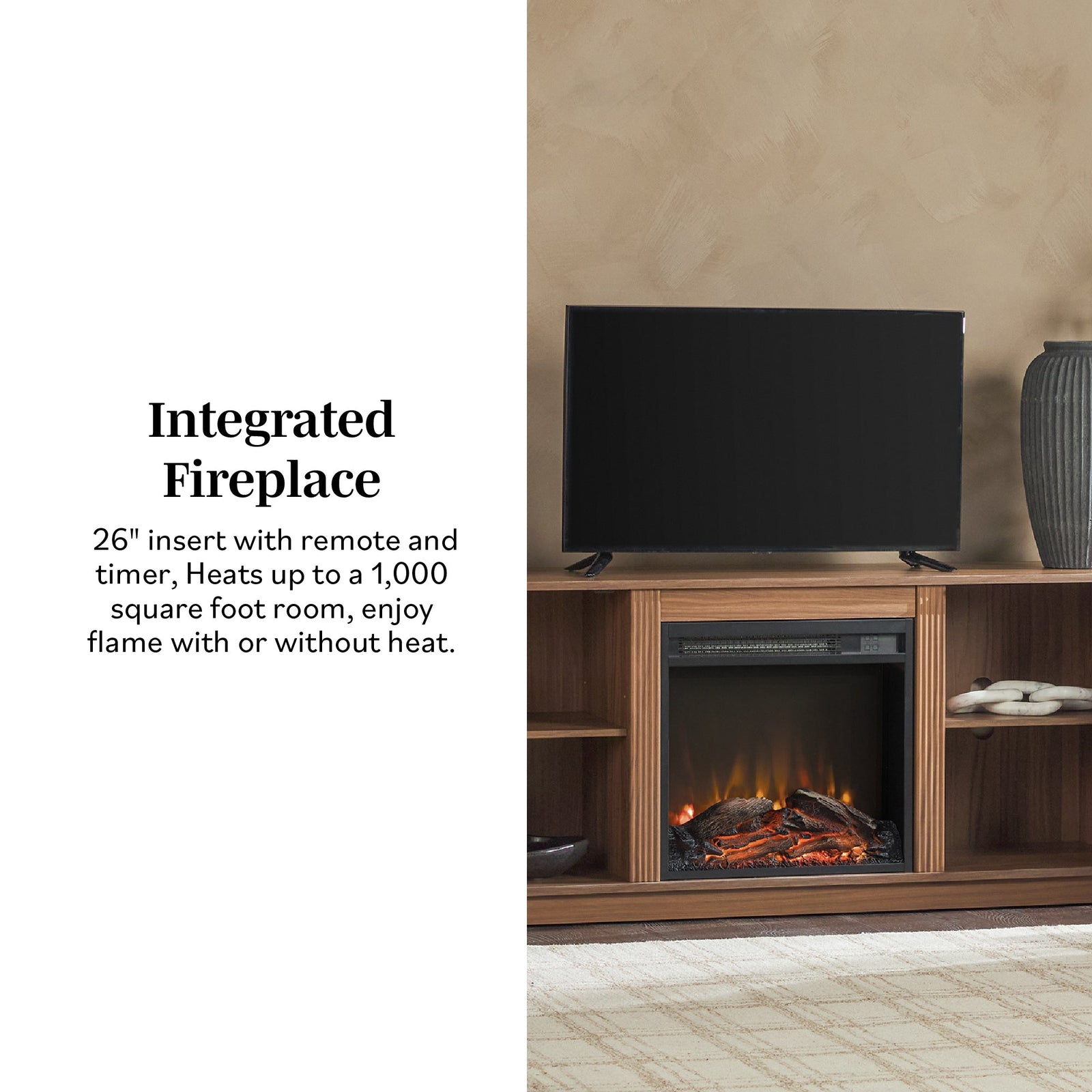Mueble de TV con chimenea de caña escandinava moderna Chloe en 2 tamaños