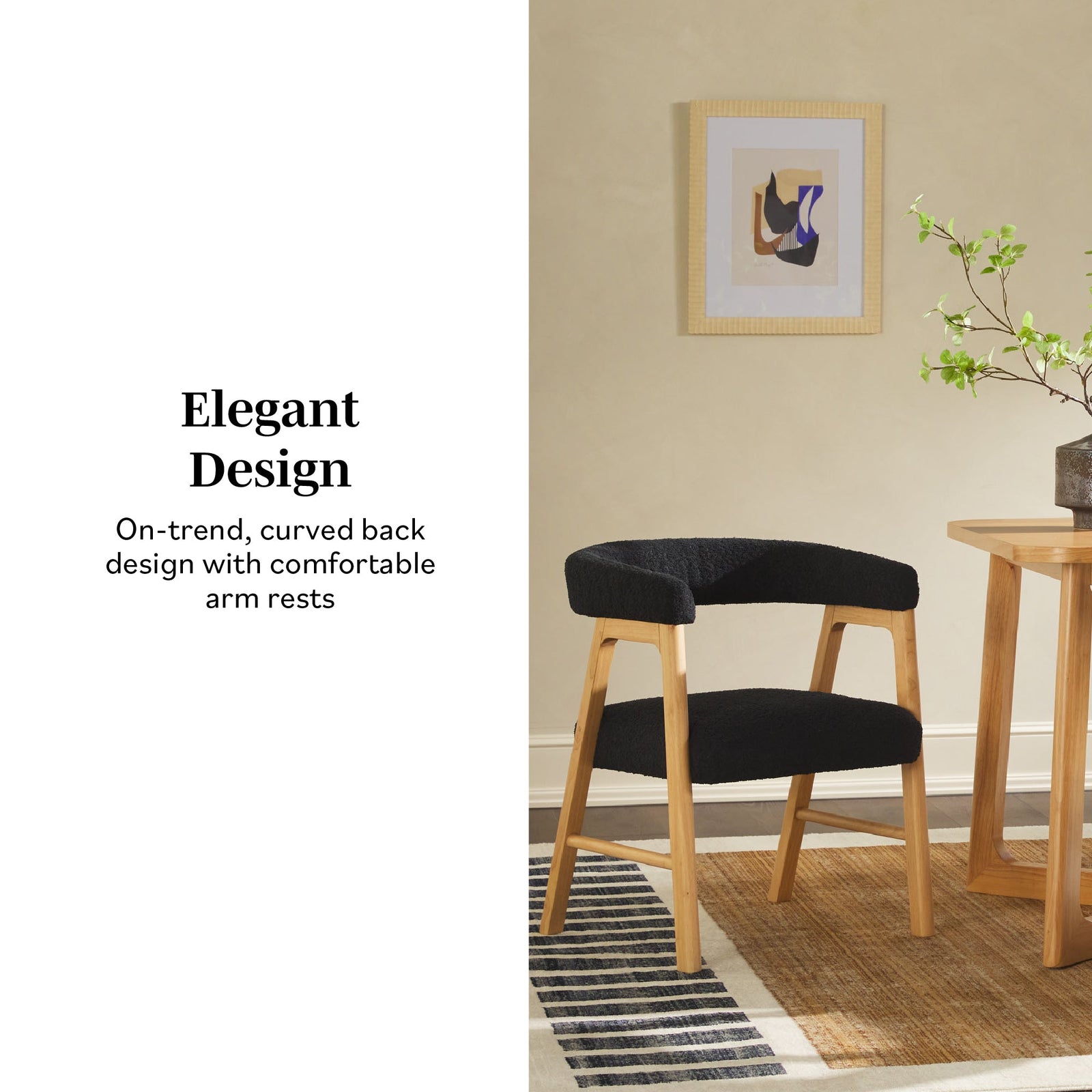 Silla de comedor moderna Ezra de madera maciza con tapizado de bouclé (juego de 2)