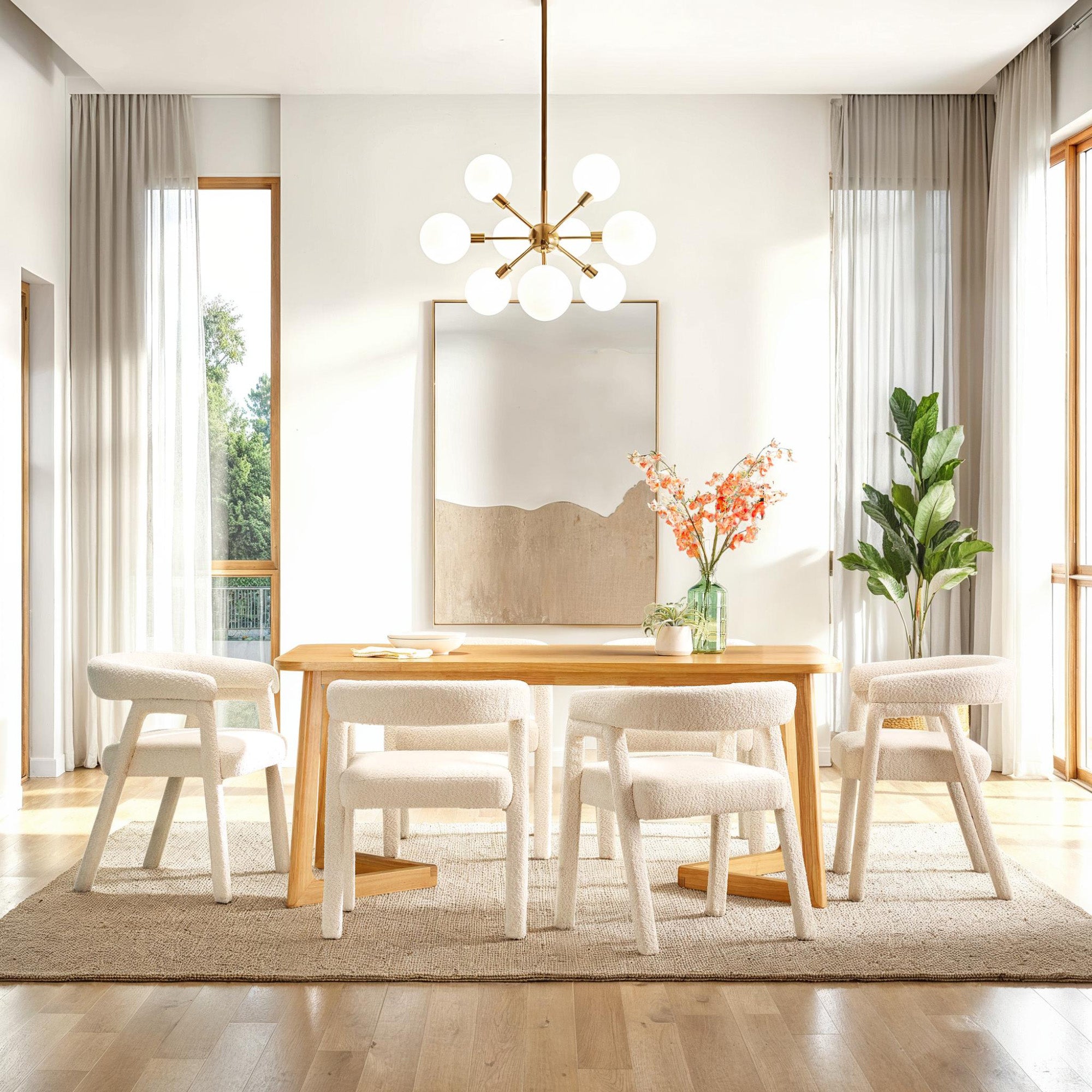 Silla de comedor Ezra Modern Boucle de madera maciza con respaldo redondeado (juego de 2)