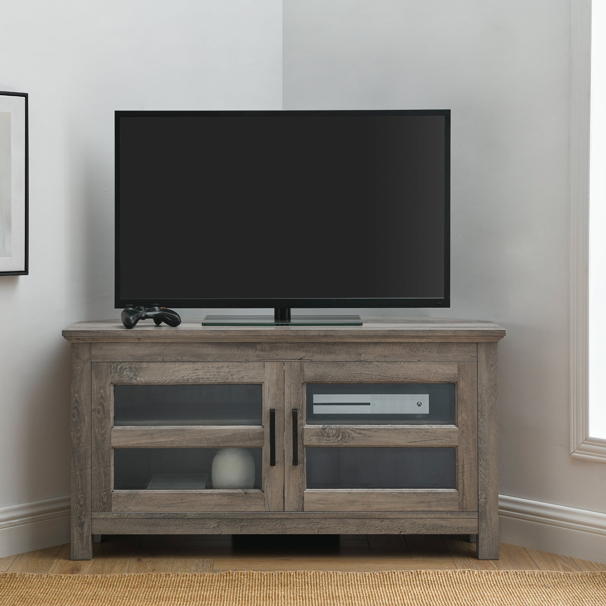 44" Transitional Modern Farmhouse Wood Corner TV Stand