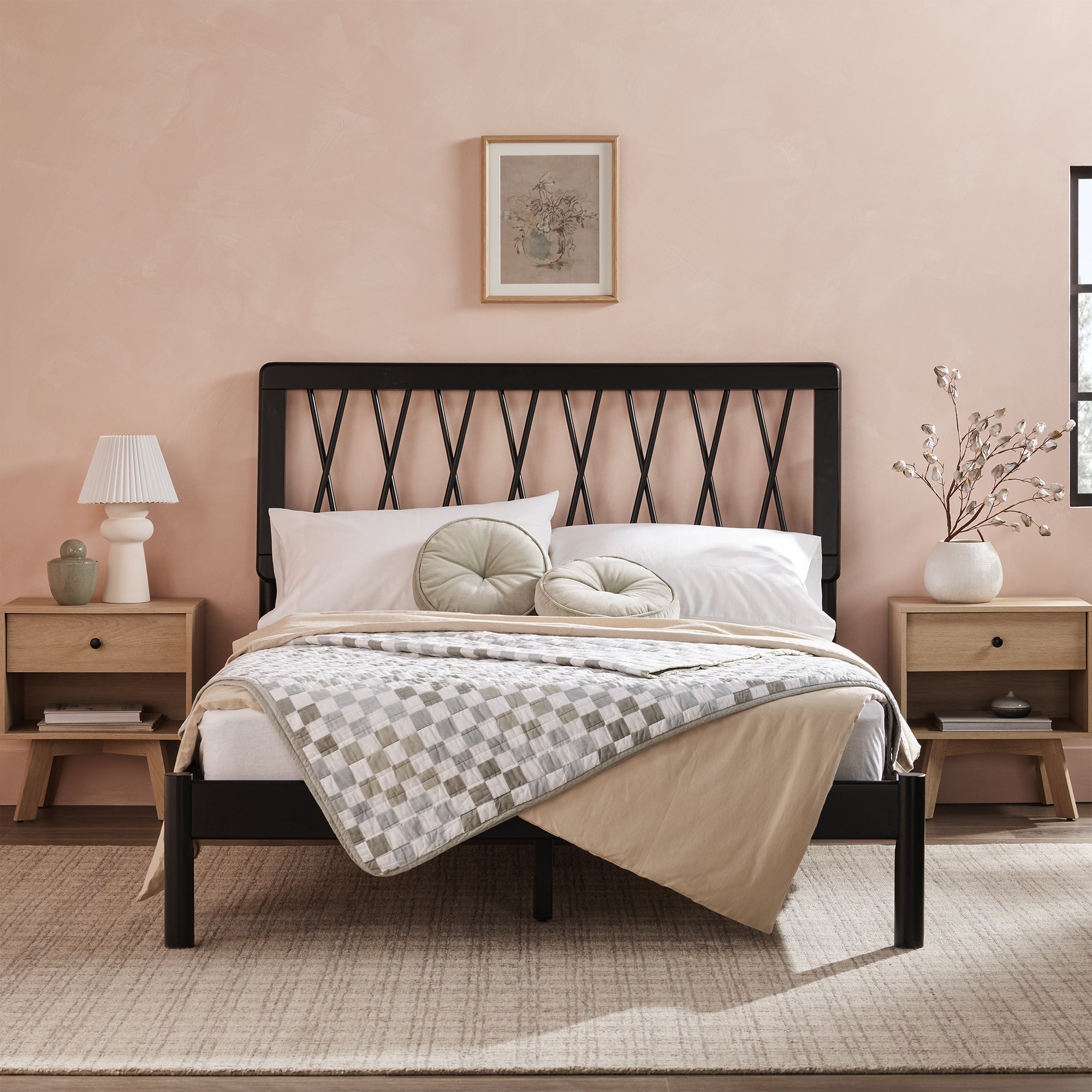 Cama de madera maciza moderna de mediados de siglo Cama X Spindle