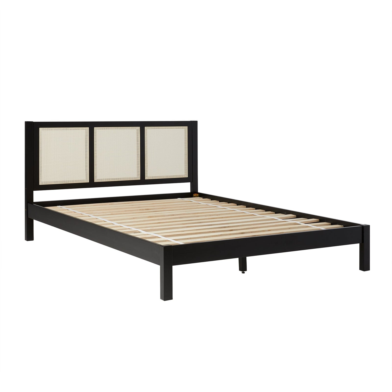 Cama Yasmina con plataforma de madera maciza y paneles de ratán (tamaño Queen o King)