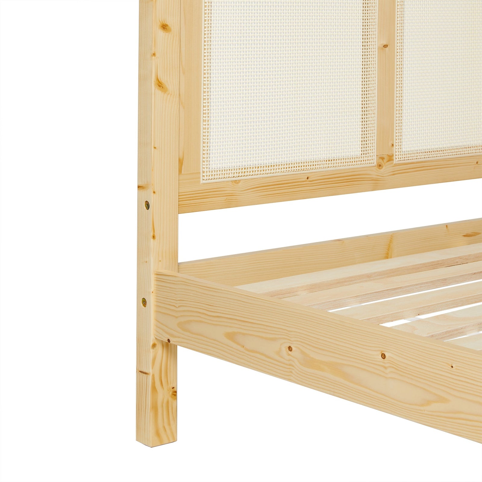 Cama Yasmina con plataforma de madera maciza y paneles de ratán (tamaño Queen o King)