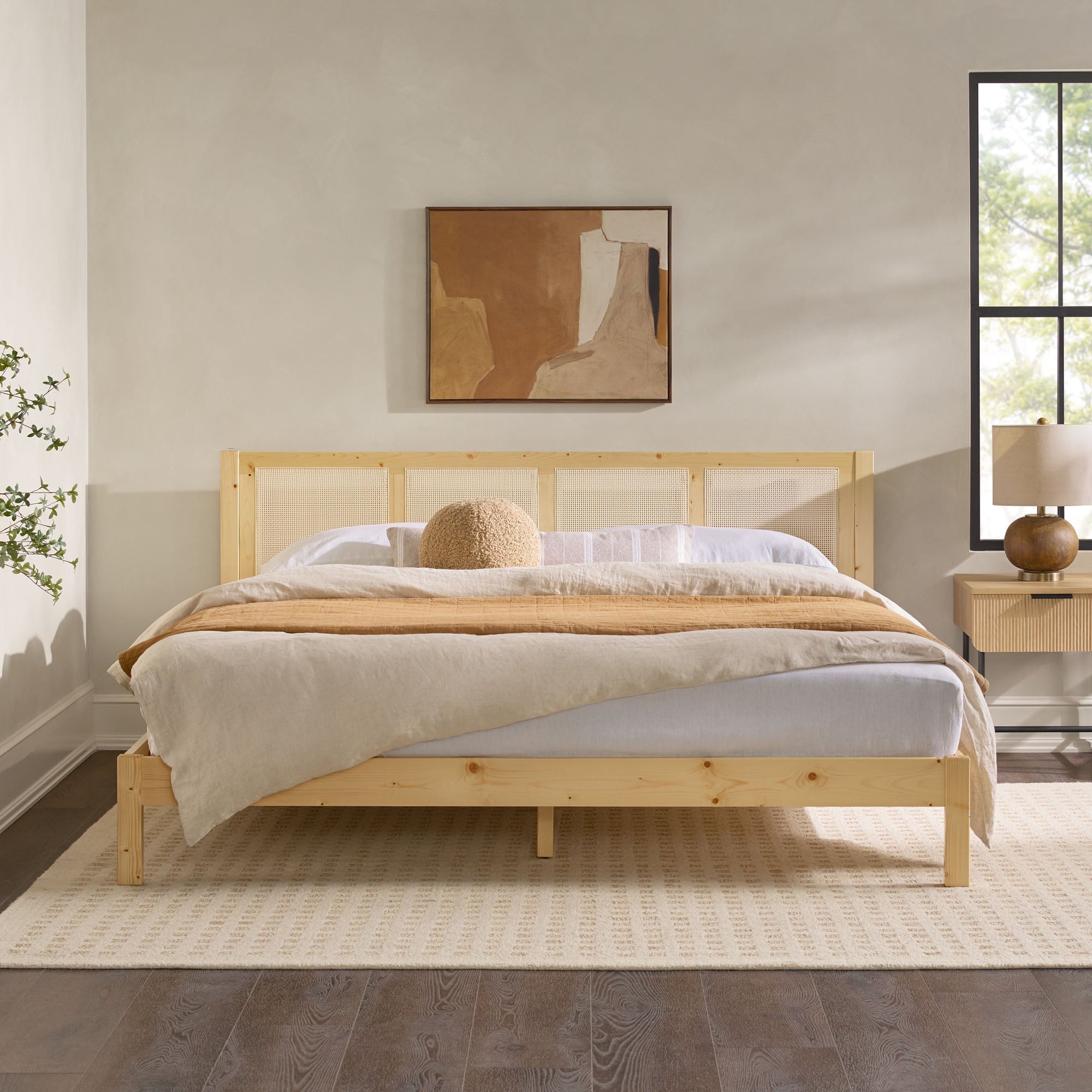 Cama Yasmina con plataforma de madera maciza y paneles de ratán (tamaño Queen o King)