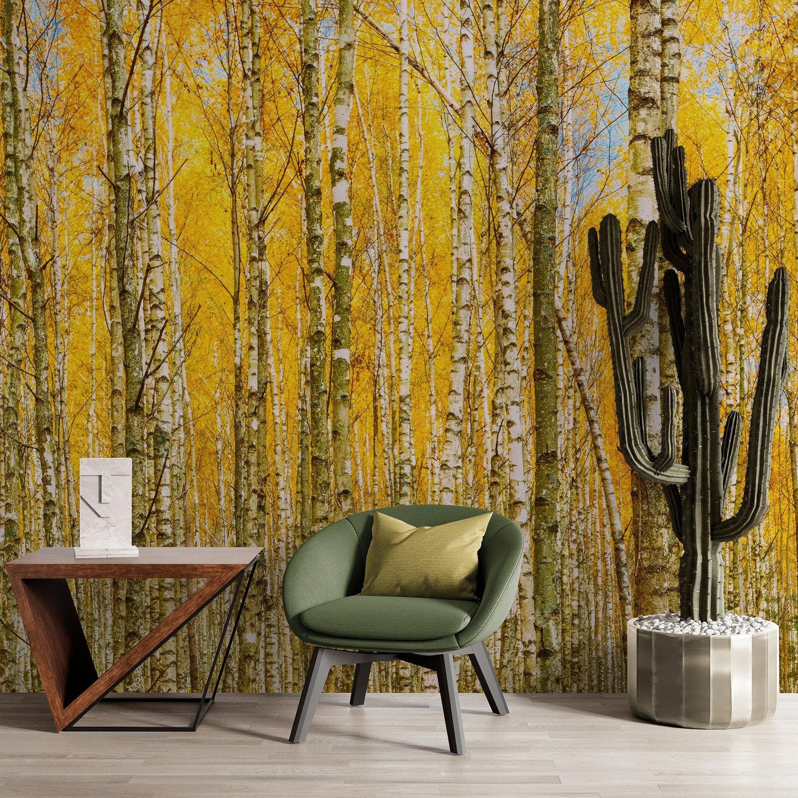 Mural de pared con bosque de abedules y paisaje otoñal | Papel pintado autoadhesivo. #6202