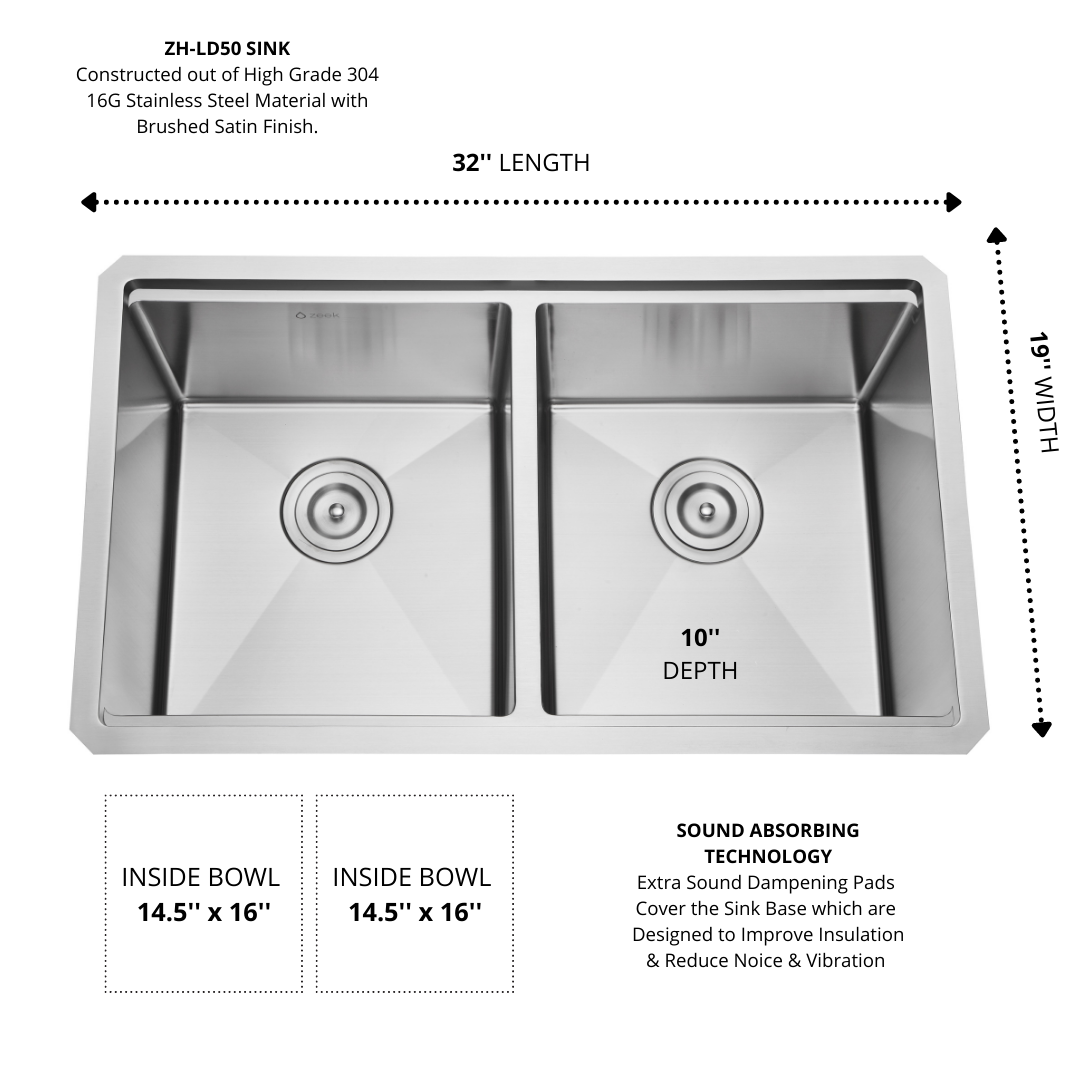 Fregadero de cocina de acero inoxidable de 32 x 19 pulgadas con doble cubeta empotrable/bajo encimera Zeek, con 50/50 cuencos y accesorios ZH-LD50