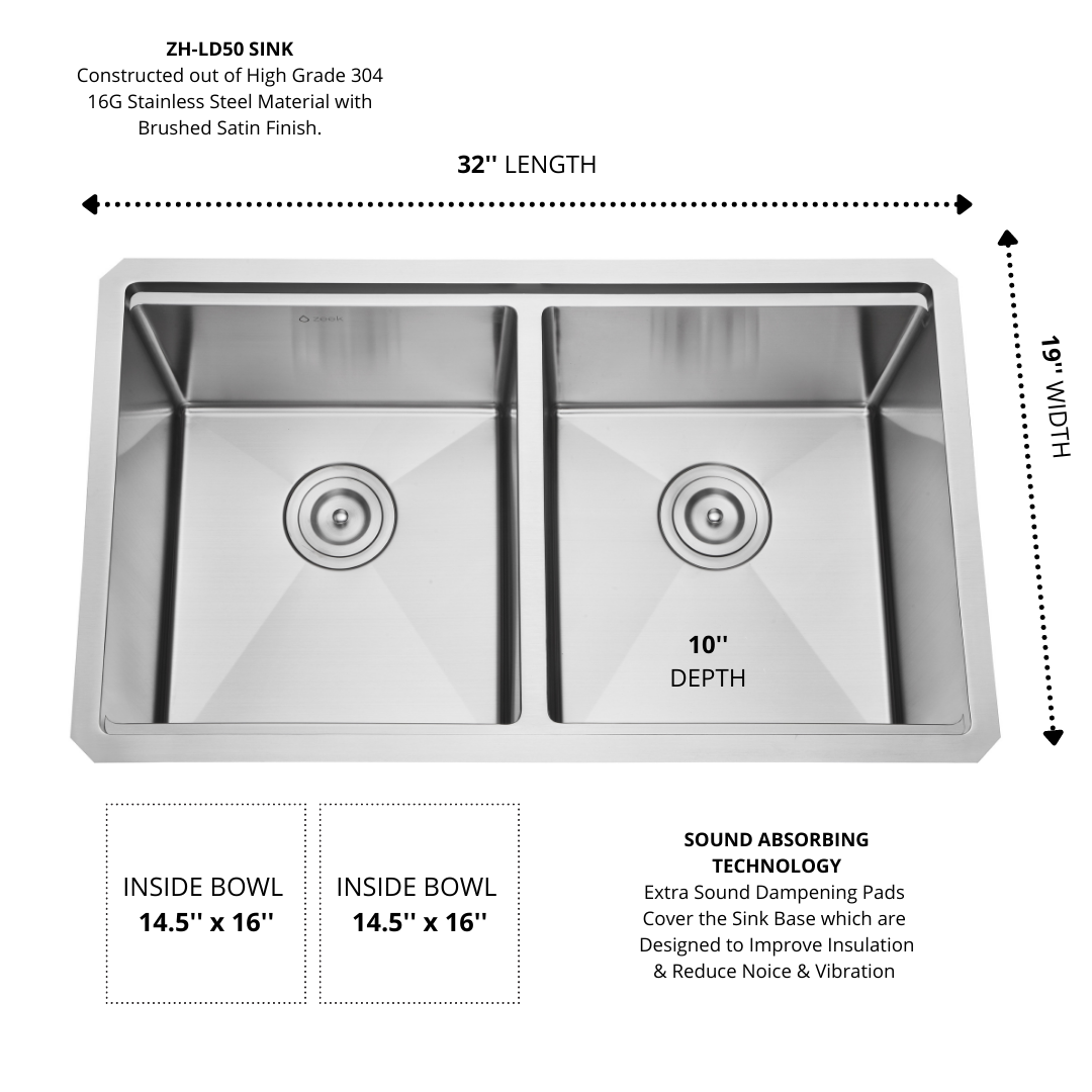 Zeek 32x19 Inch Undermount / Drop-In Double Bowl Workstation Kitchen Sink Stainless Steel 50/50 Bowl With Accessories ZH-LD50