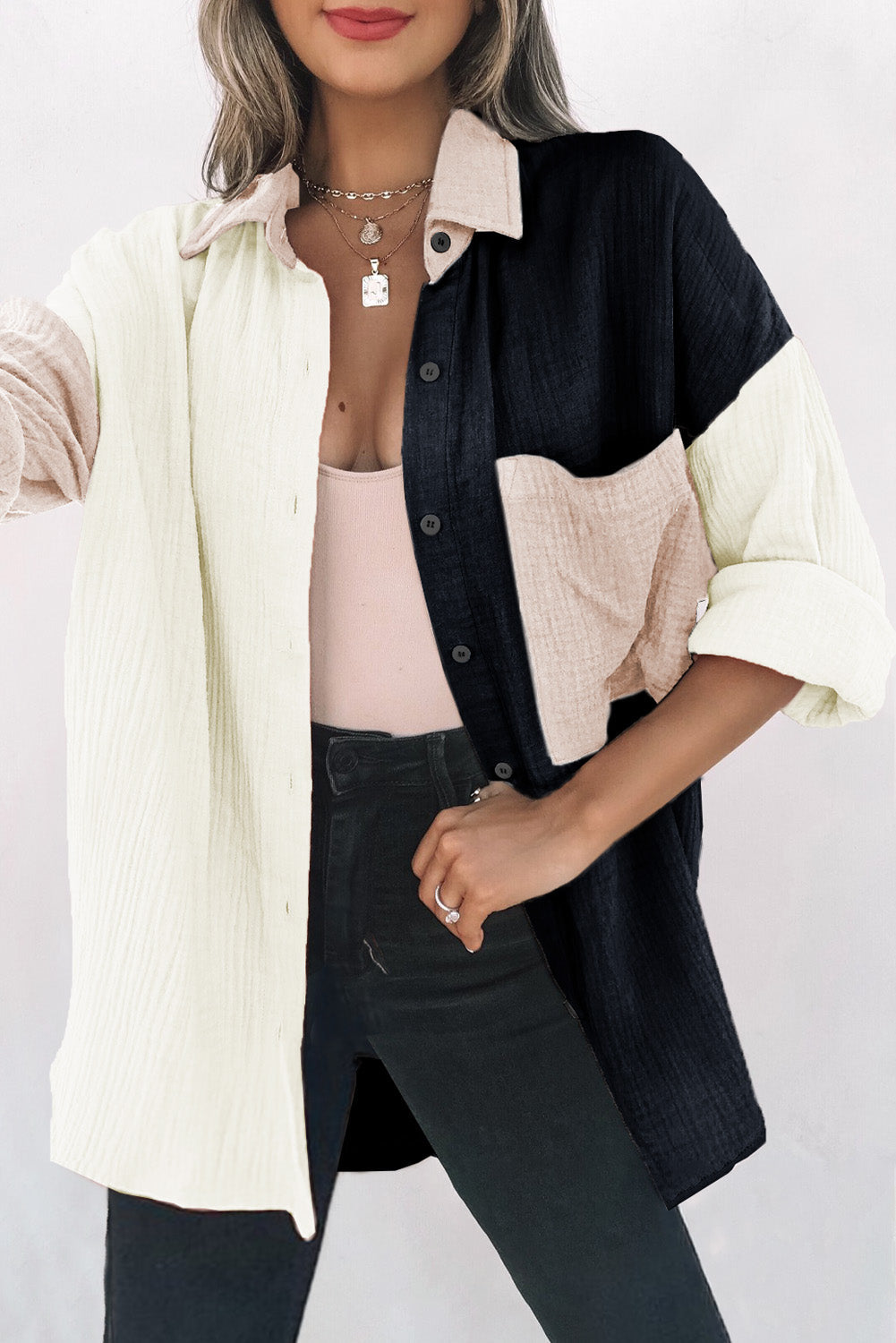 Long Sleeve Contrast Panel Blouse