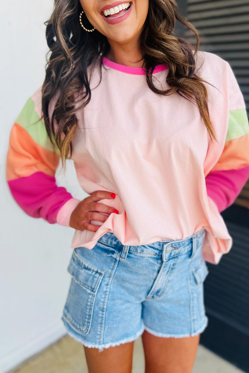 Long Sleeve Crew Neck T-Shirt with Rainbow Sleeves