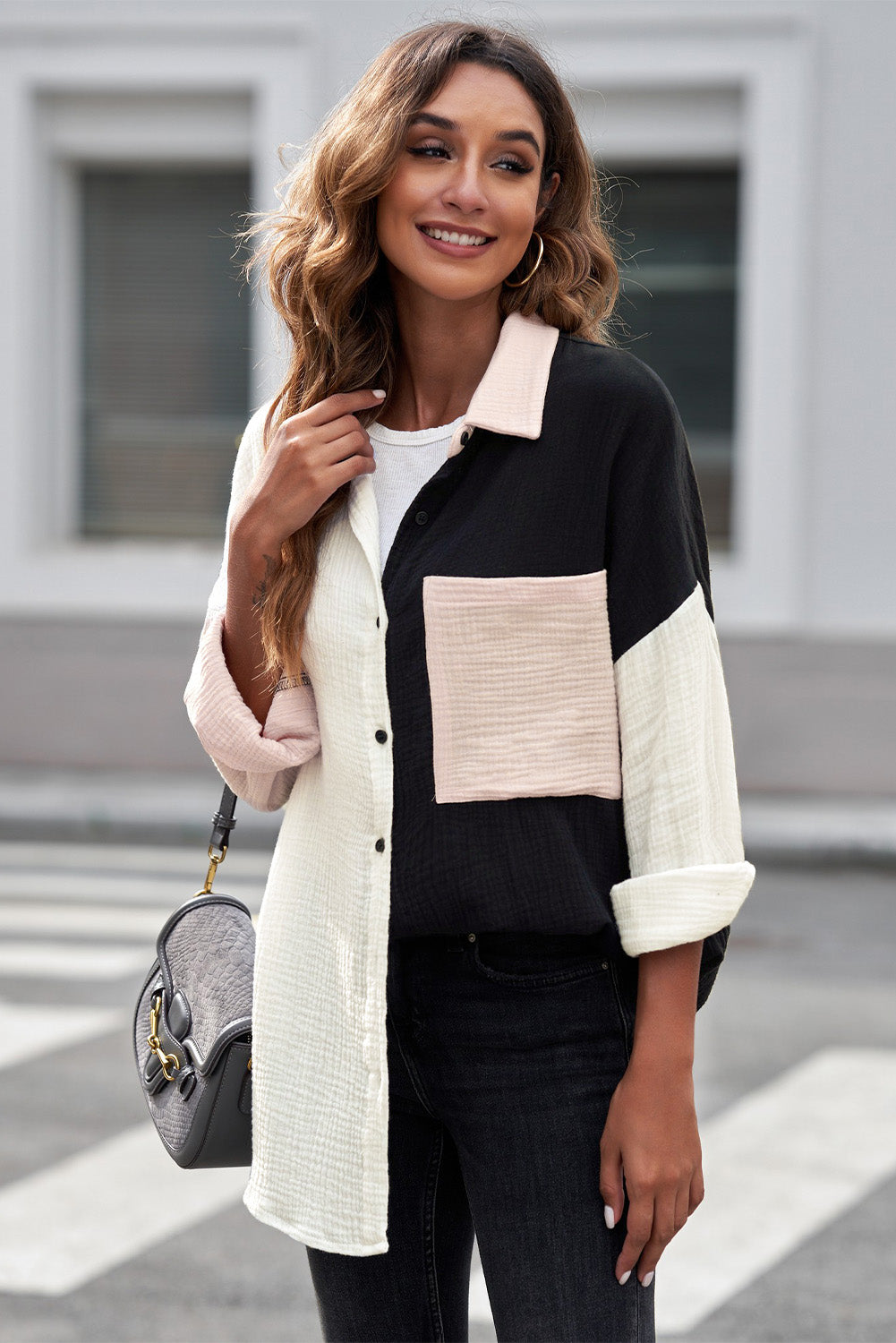 Long Sleeve Contrast Panel Blouse