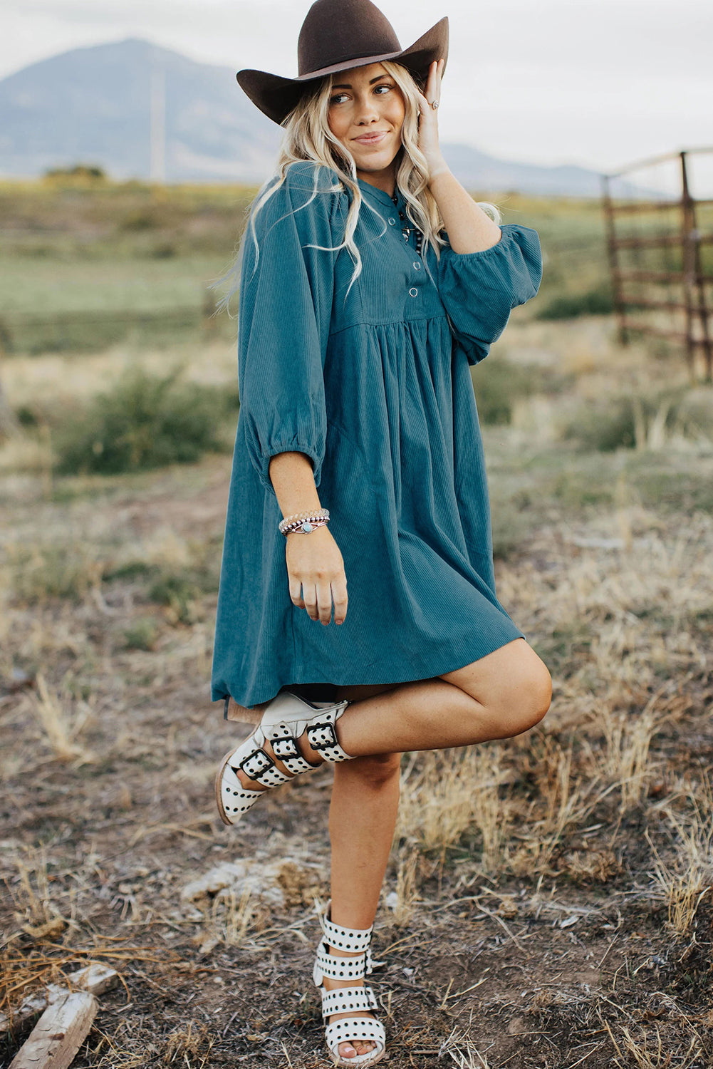 3/4 Sleeve Button-Front Mini Dress