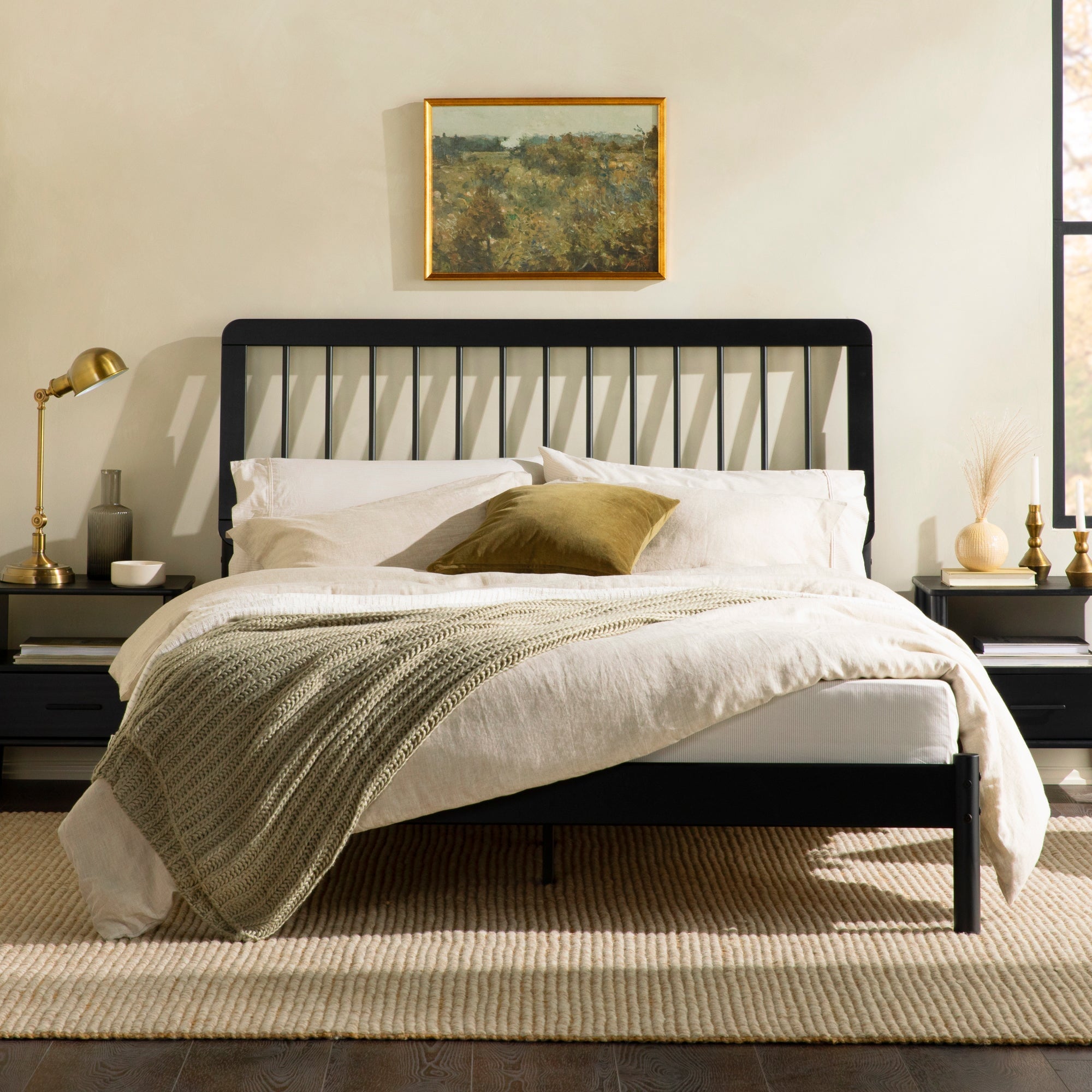 Cama de madera maciza con estructura de husillo de estilo moderno de mediados de siglo