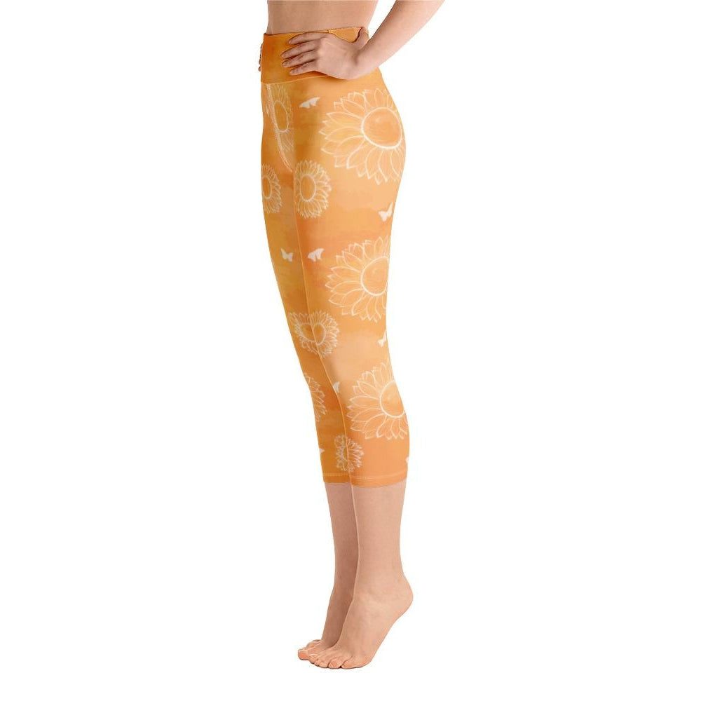 Sunny Bloom Capri Leggings with Pockets Sunflower & Butterfly Print