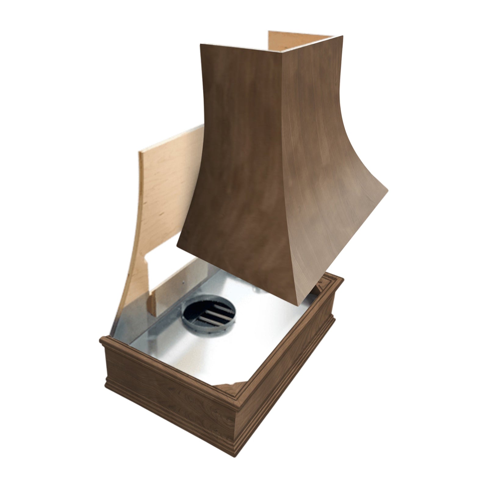 American Walnut Wood Range Hood With Angled Front and Decorative Trim - 30