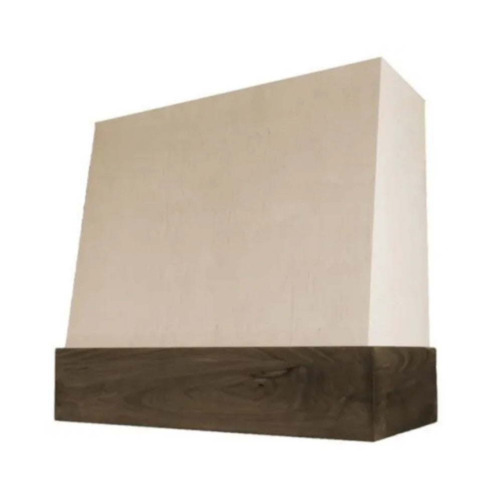 Campana extractora de madera sin terminar con frente en ángulo y banda de nogal: anchos disponibles de 30", 36", 42", 48", 54" y 60"
