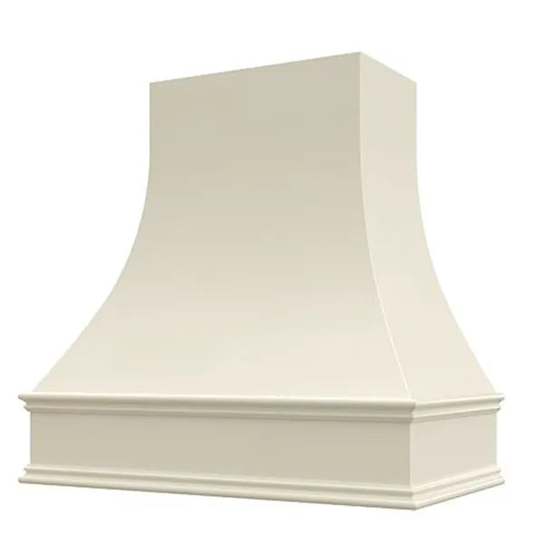 Campana extractora de madera blanca antigua con frente curvo y borde decorativo: anchos disponibles de 30", 36", 42", 48", 54" y 60"