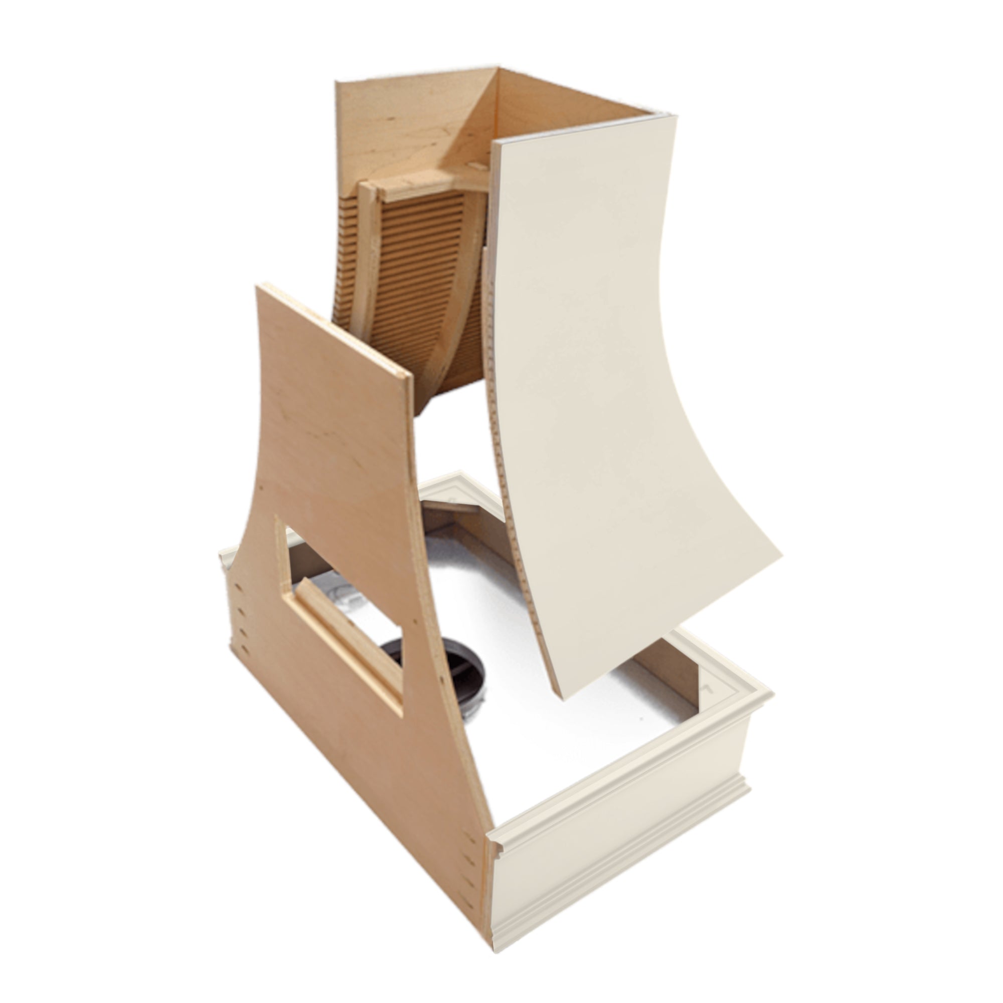 Campana extractora de madera blanca antigua con frente curvo y borde decorativo: anchos disponibles de 30", 36", 42", 48", 54" y 60"