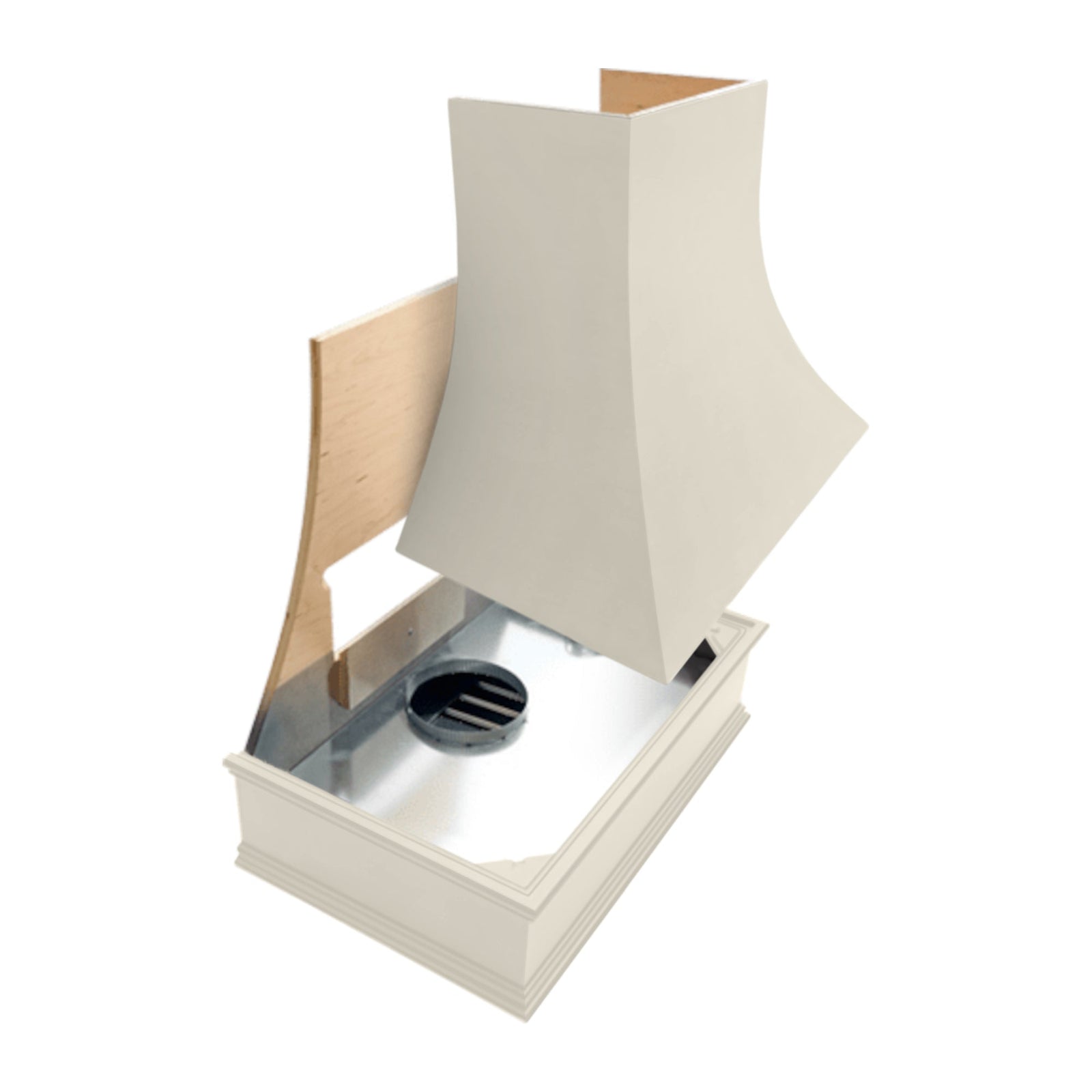 Campana extractora de madera blanca antigua con frente curvo y borde decorativo: anchos disponibles de 30