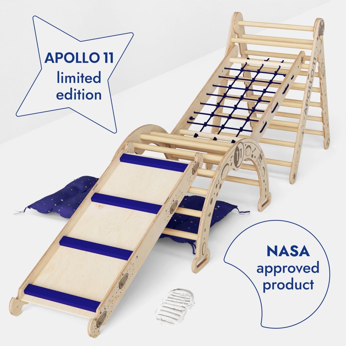 Apollo 5 in 1 Climbing Set:  Pikler Triangle, Net, Arch, Slide Board, and Cushion for Little Astronauts