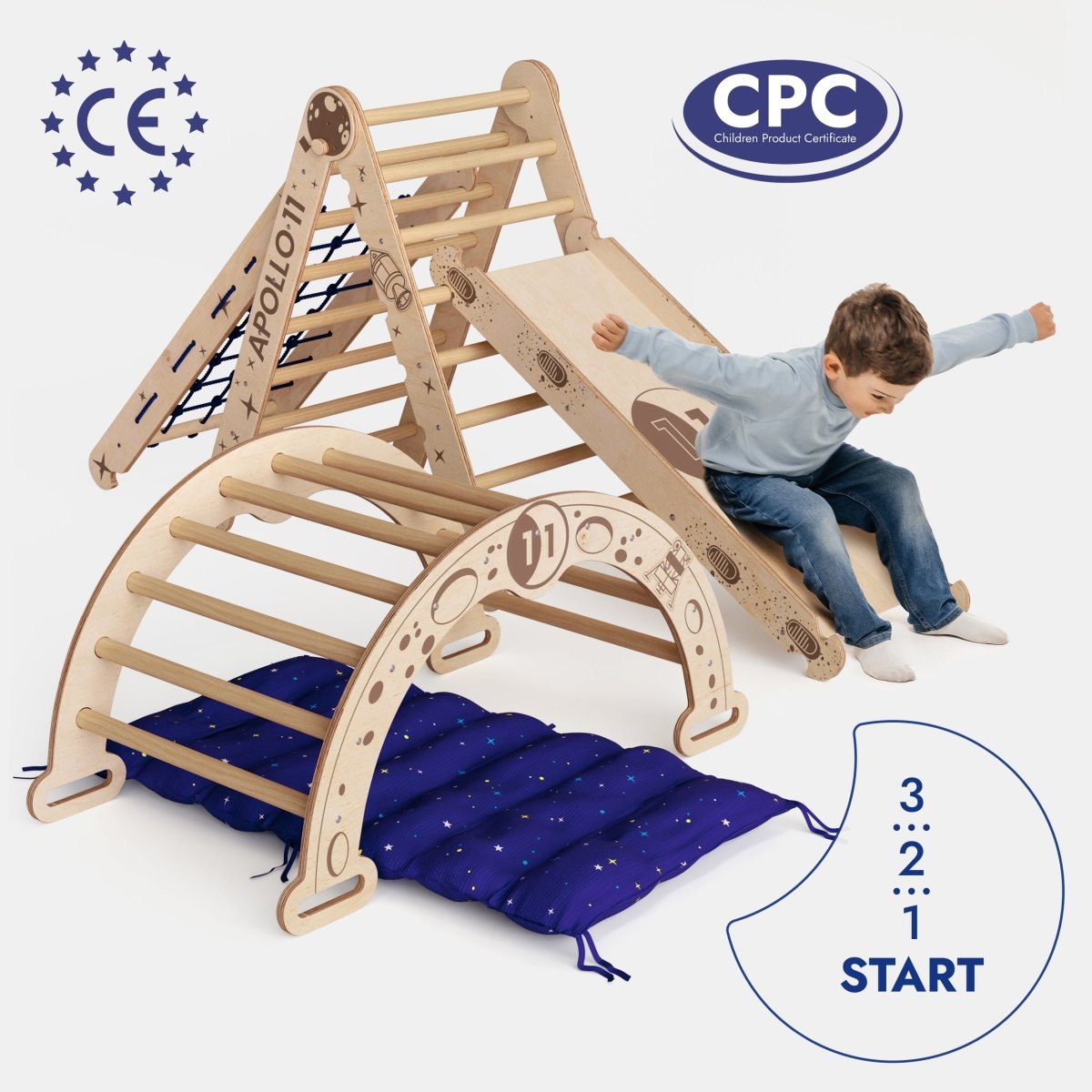 Apollo 5 in 1 Climbing Set:  Pikler Triangle, Net, Arch, Slide Board, and Cushion for Little Astronauts