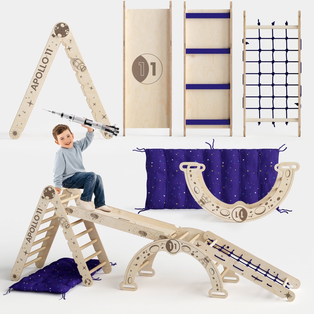 Apollo 5 in 1 Climbing Set:  Pikler Triangle, Net, Arch, Slide Board, and Cushion for Little Astronauts
