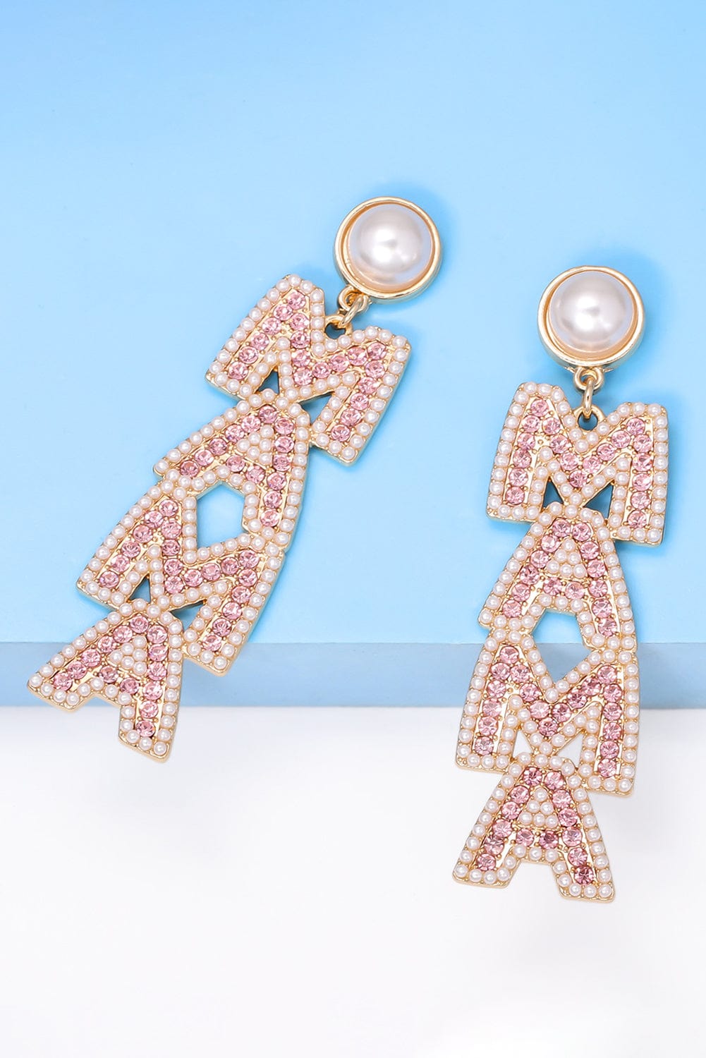 Apricot Pink MAMA Rhinestone Pearl Letter Stud Earrings