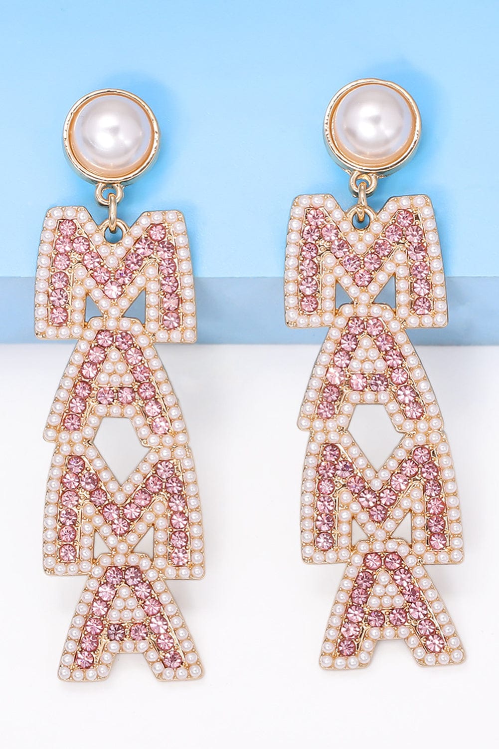 Apricot Pink MAMA Rhinestone Pearl Letter Stud Earrings