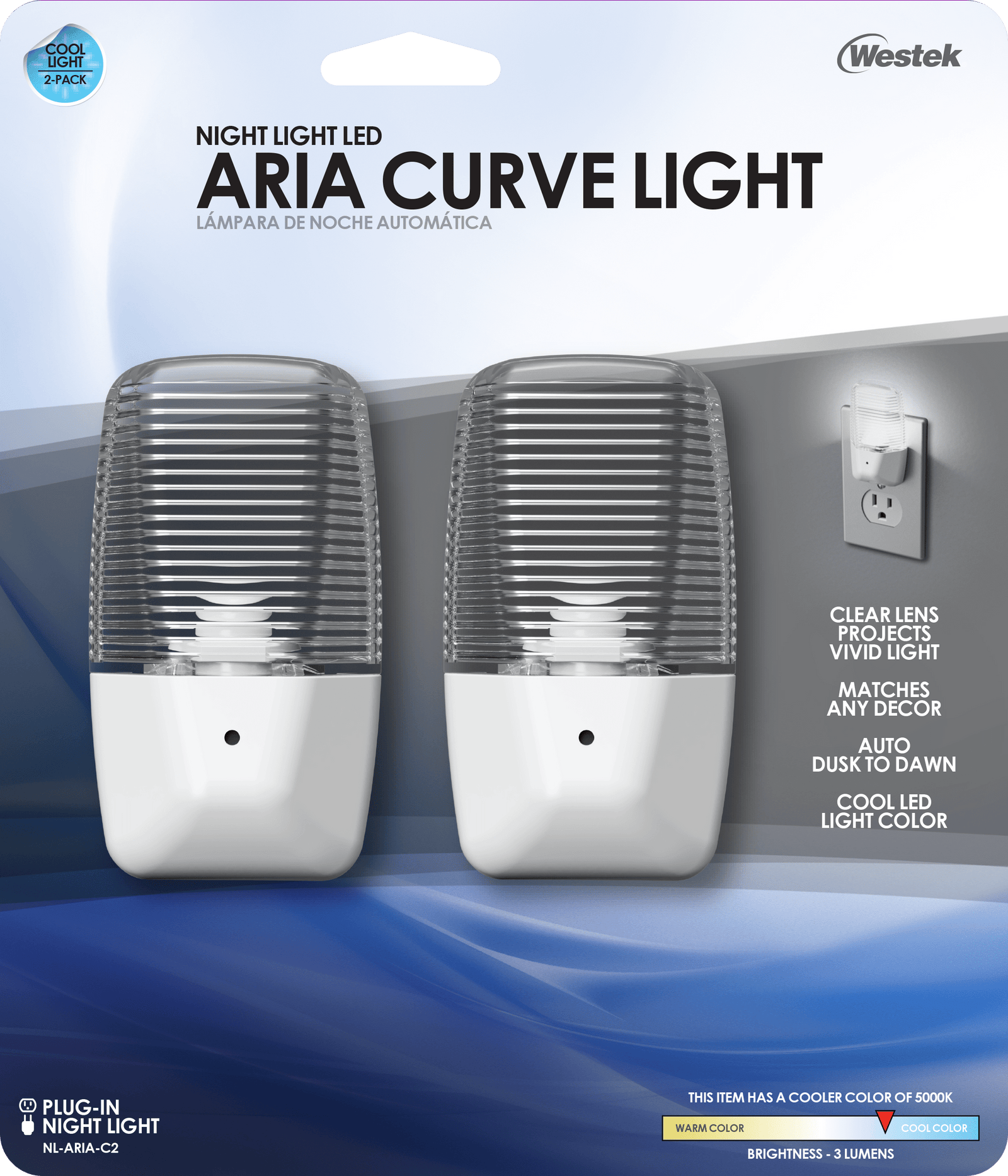 Luz nocturna automática LED transparente Aria (paquete de 2)